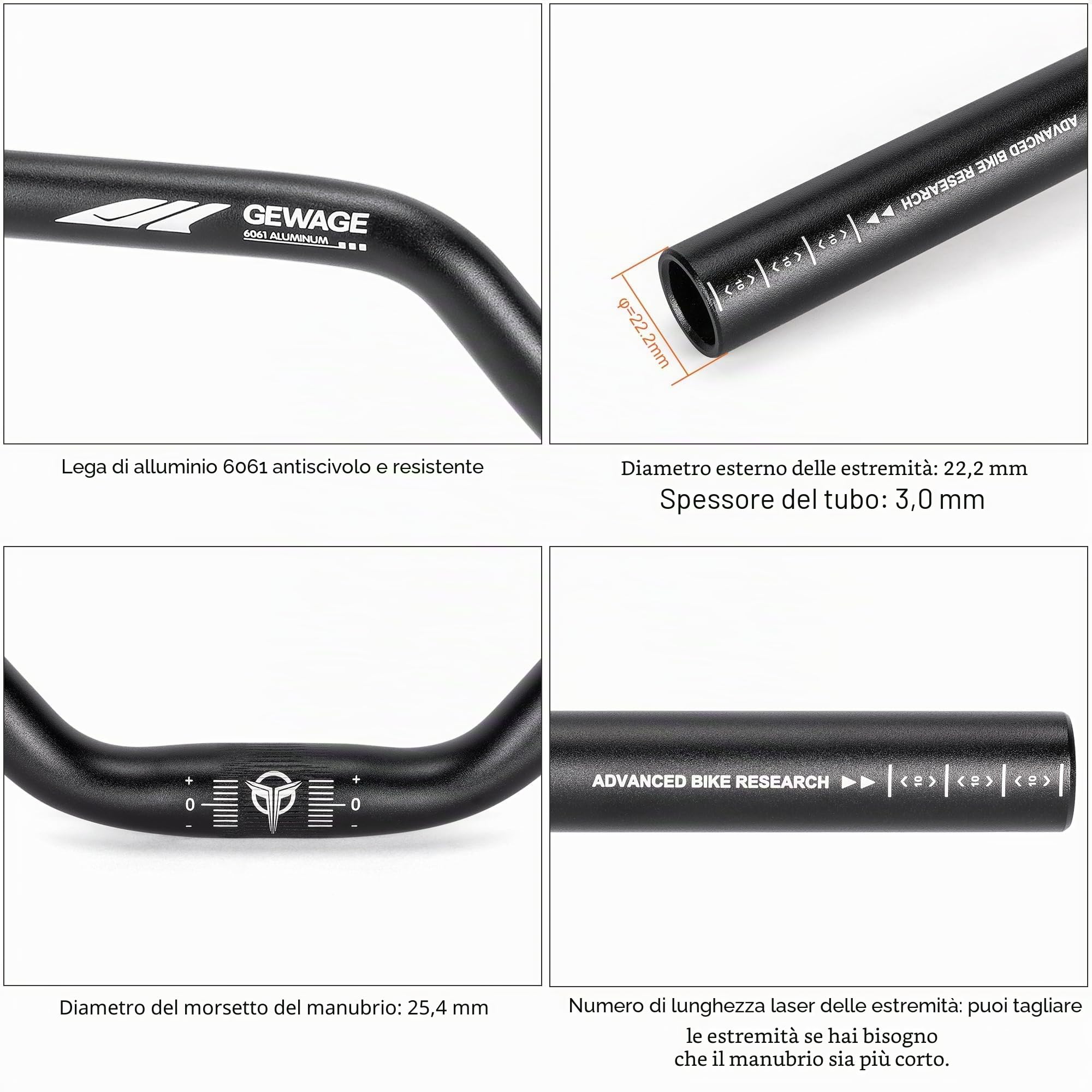 GEWAGE Manubrio Bici 25,4 mm – Manubrio Riser da 620 mm in Lega di Alluminio 6061, Rise 30/50 / 70/90 / 120 mm, Backsweep 12°, per MTB, Dirt Bike e Bici Ibride (Black, 70mm Rise)