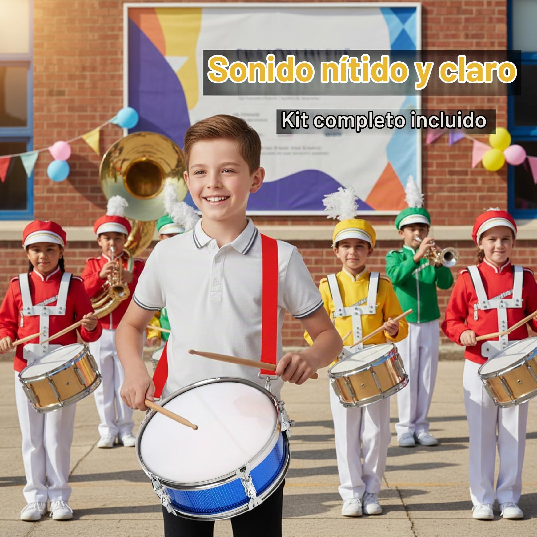 Tambor de marcha de 13 pulgadas, caja metálica con baqueta y correa para el hombro, instrumento de percusión para niños y escuelas.