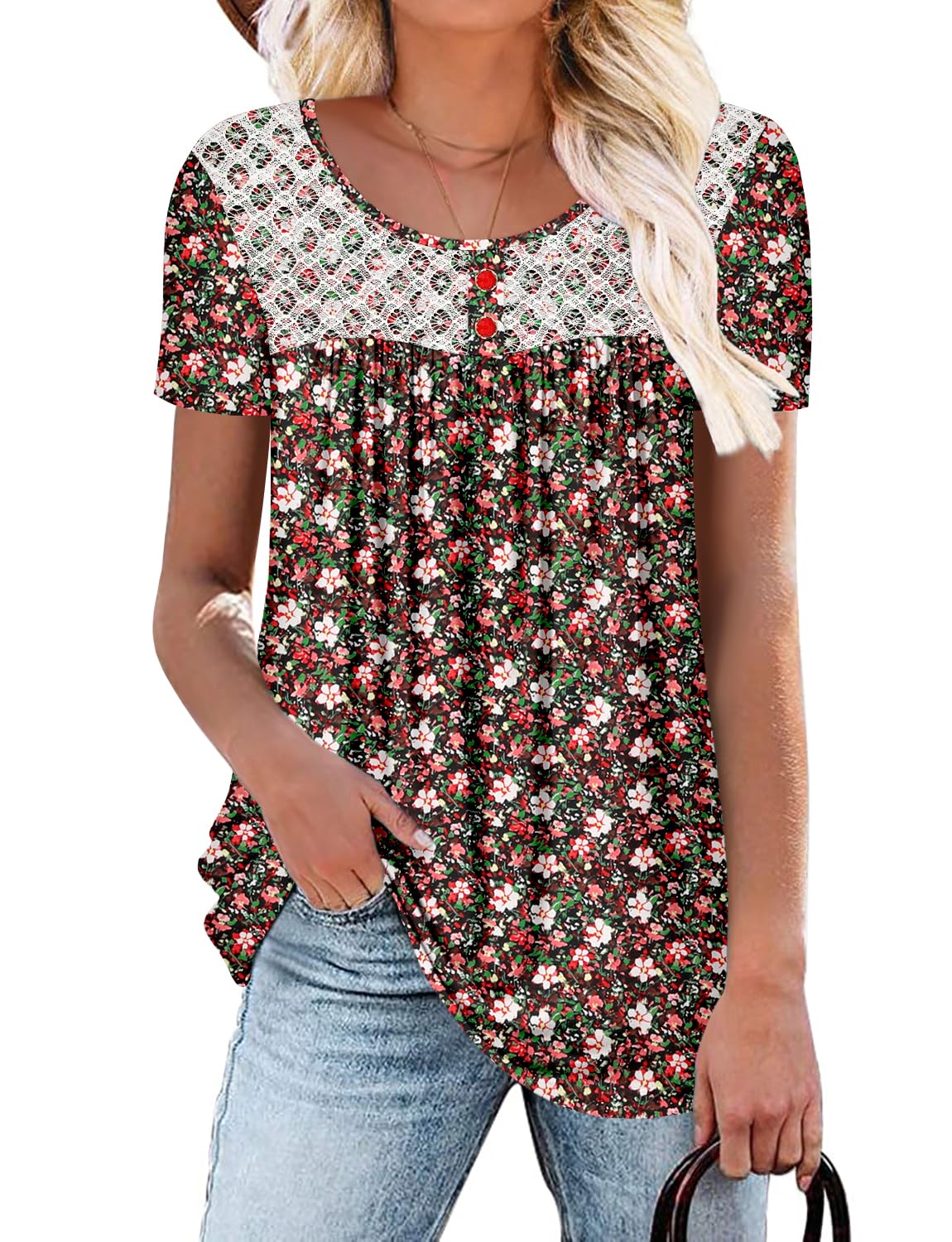 onlypuff Womens Tunic Tops Short Sleeve Crew Neck T-Shirt Summer Flowy Pleated Blouse Decoration Button S-3XL