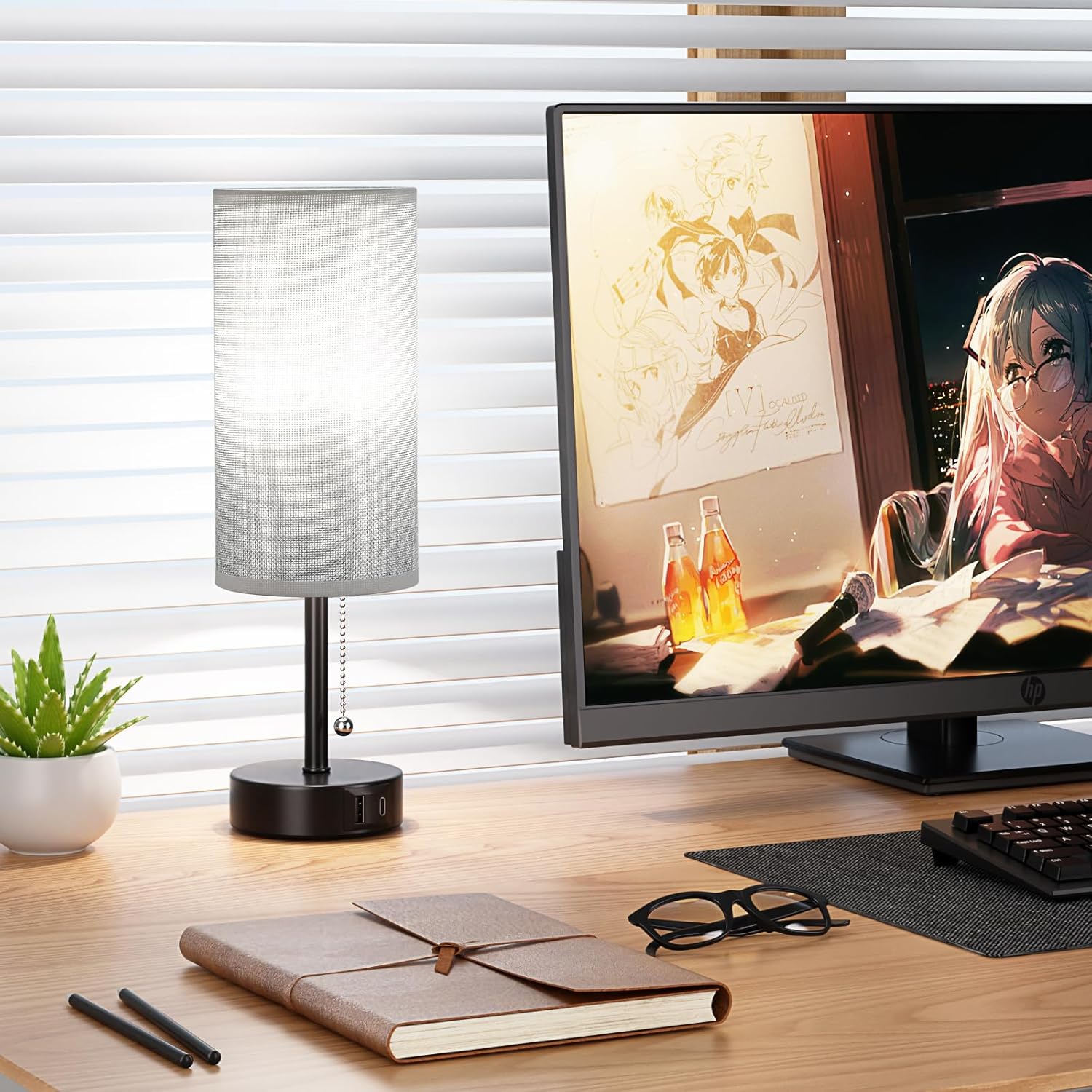 Fenmzee Black Grey Bedside Lamp for Bedroom Set of 2 - Small Table Lamp with USB A + C Charging Port, Night Stand Light with Bulb, Side Table Desk Reading Lamp for Living Room