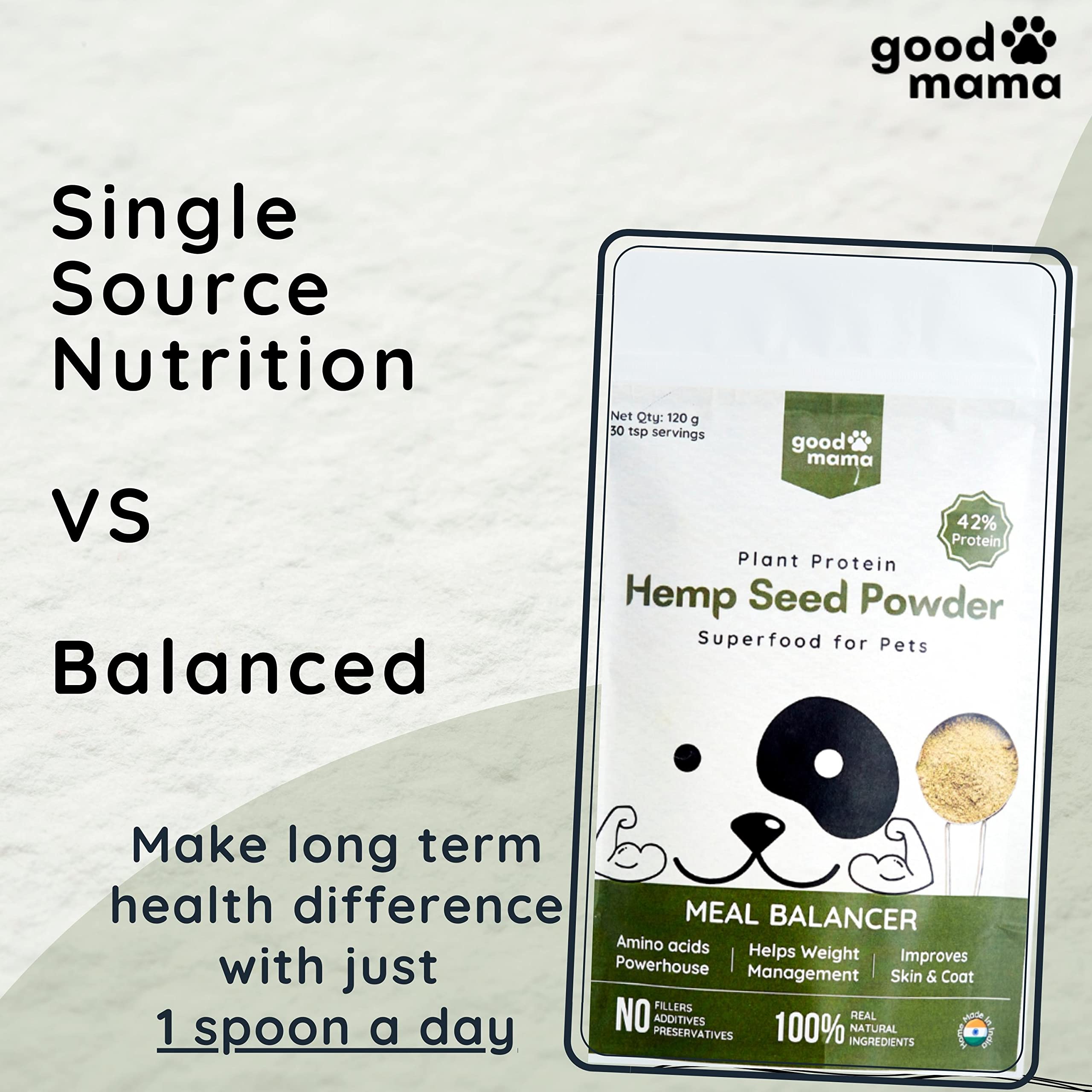 Good Mama Hemp Seed Powder for Pets,Daily SuperFood for Meals,Rich in Plant Protein & Amino Acids,Daily Omega 3-6-9 Meal Topper,Improves Immunity|Skin & Coat|Joint & Muscle Regeneration120 g Pouch 3