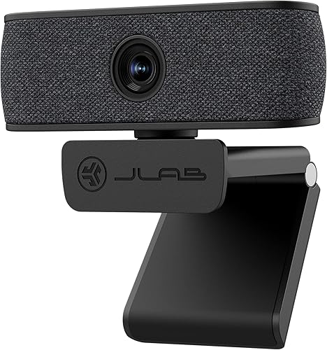 JLab JBuds Cam - Cámara web USB HD, color negro con placa frontal blanca opcional, 1080P30 FPS, 2.1 megapíxeles, enfoque automático, micrófonos