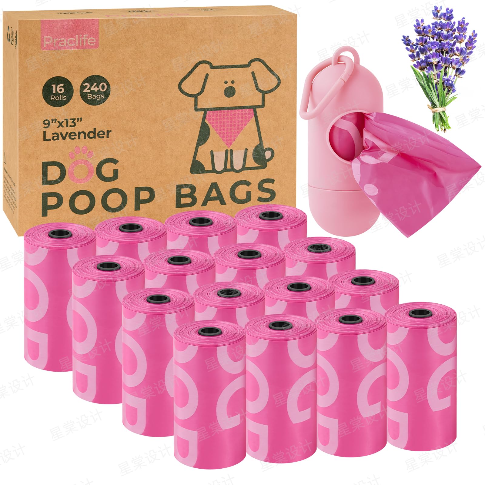 Praclife Biodegradable Dog Poo Bags Rolls with Holder, 240pcs Extra Thick Leak Proof Compostable Poop Waste Bags with Dispenser for Outdoor Walking, Puppy Essential (Pink)