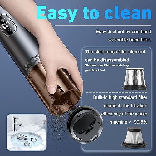 Miniatura 7 de DEDC Aspiradora de coche de alta potencia, aspiradora inalámbrica de 15000 Pa portátil recargable con pantalla LED, eliminador de polvo ultraligero