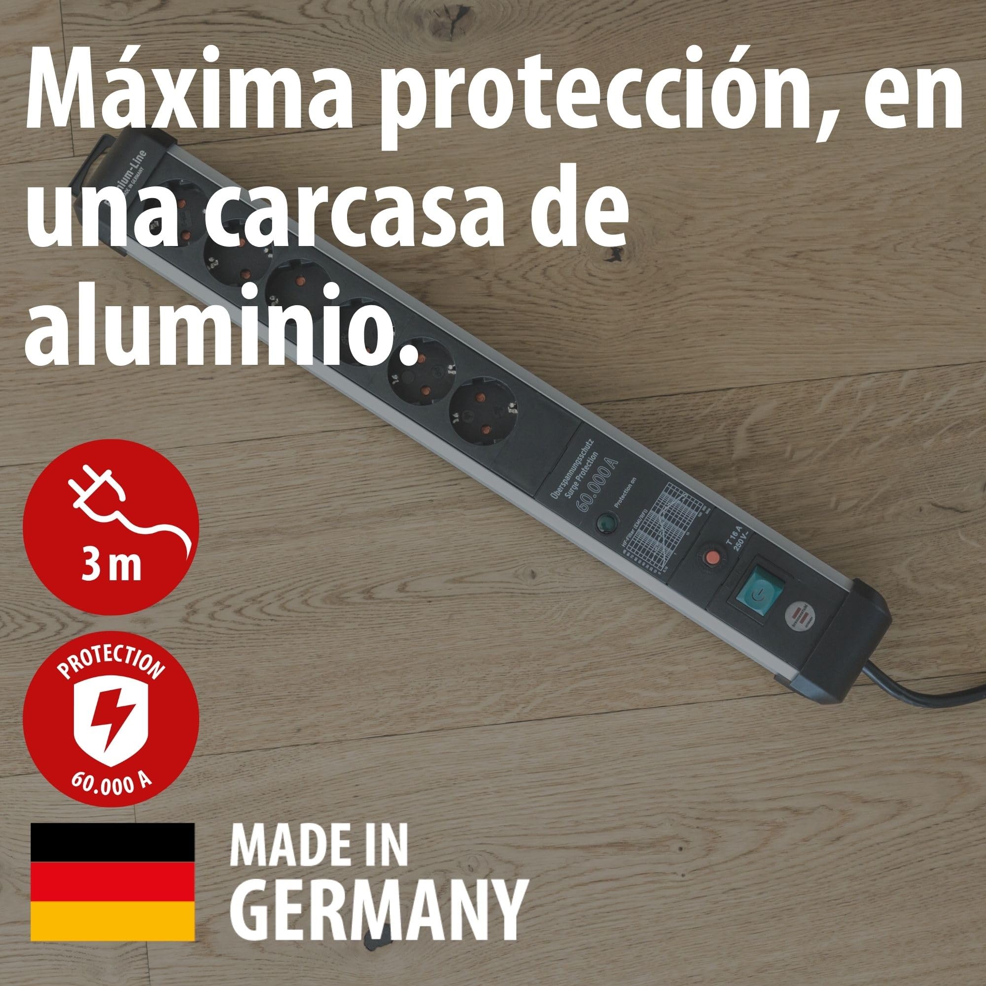 Brennenstuhl Premium-Protect-Line regleta enchufes de 6 Tomas con protección contra sobretensiones de 60.000 A (Cable de 3 m, Interruptor, protección antirayos, Fabricado en Alemania) Plateado/Negro