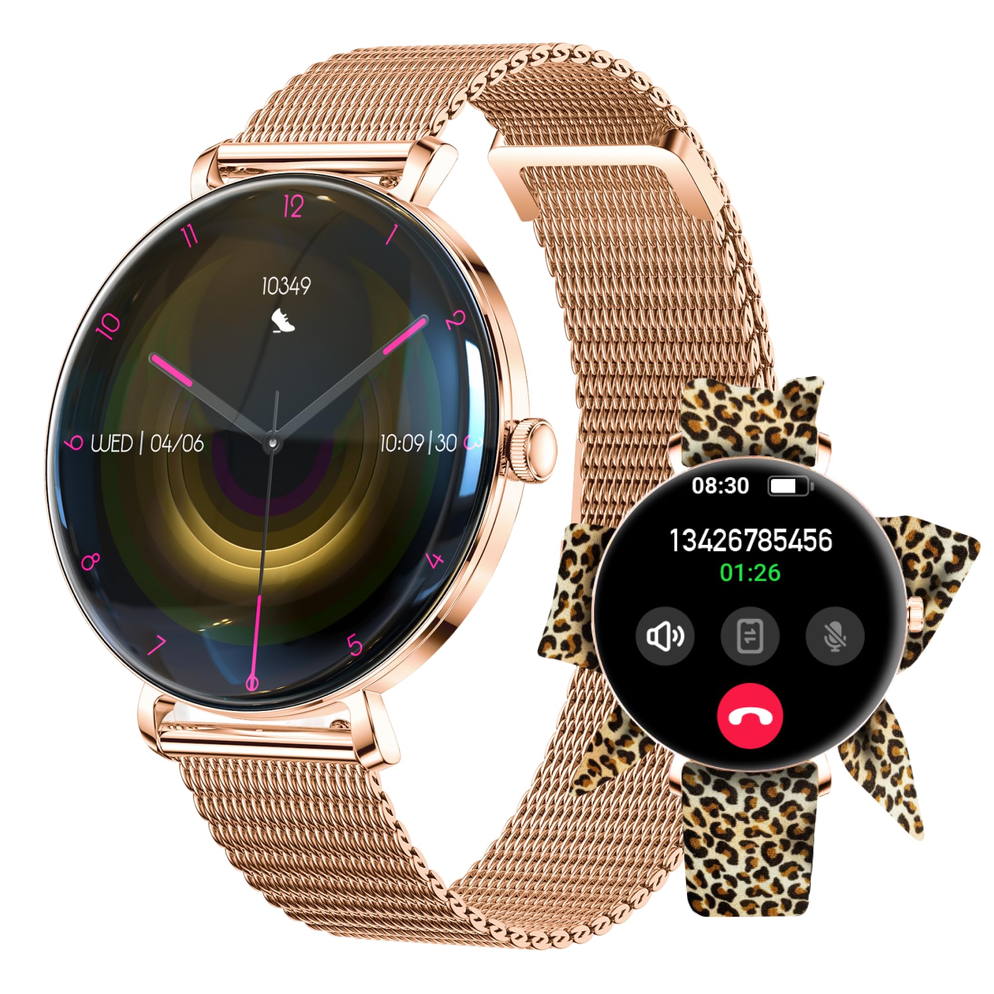 Forever Smartwatch Lucca SB-370 - Zegarek Damski z Funkcją Dzwonienia, Wodoodporny, Sportowy, Kobiecy Dodatek, Dwa Paski, Modny Wzór Panterka, Rosegold, Zegarek na Ręke