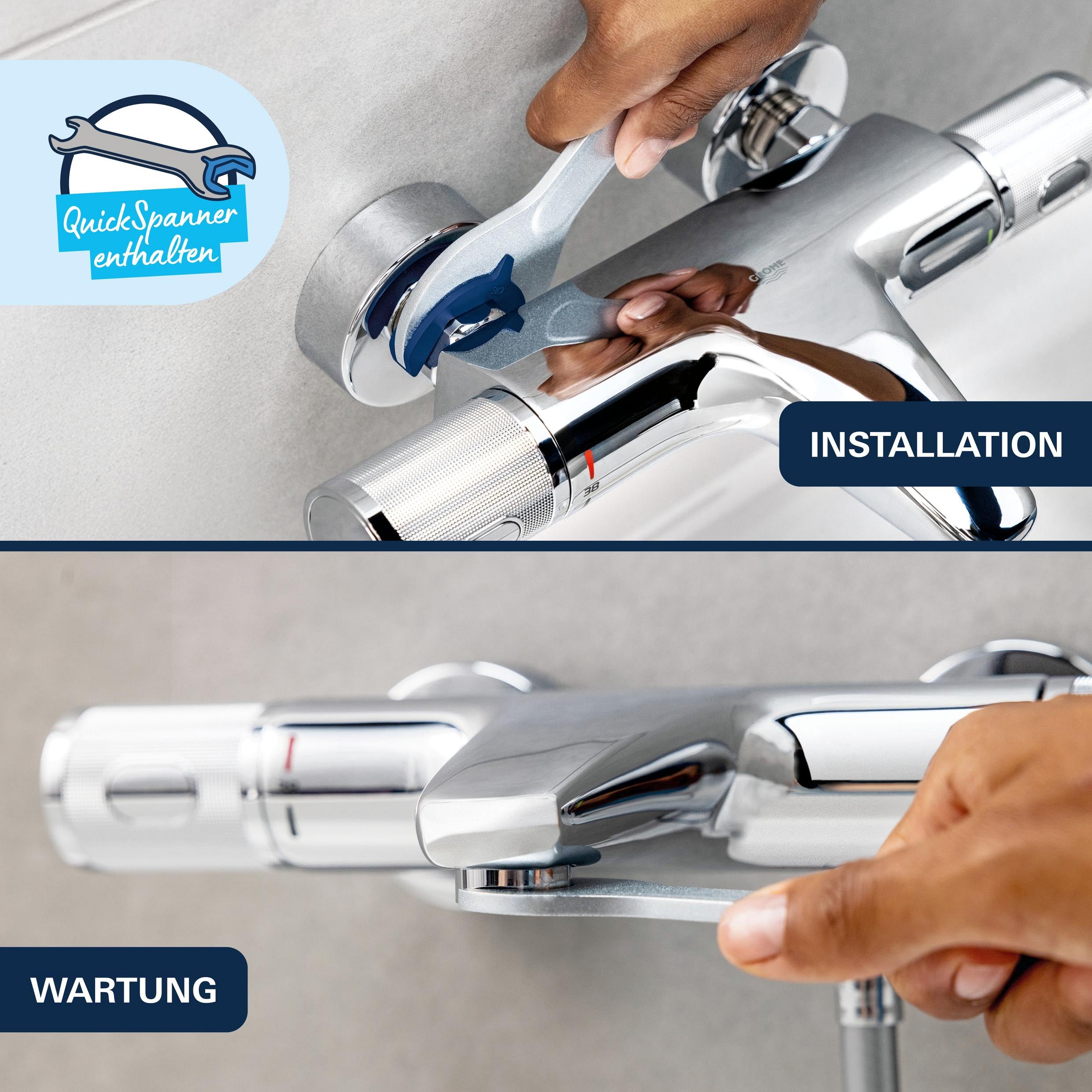 GROHE Dice, Badewannenarmatur, mit Werkzeug (Duscharmatur für die Badewanne, Mischbatterie mit automatischer Umstellung Wanne/Brause, mit integriertem Rücklaufventil), chrom, 1018720000