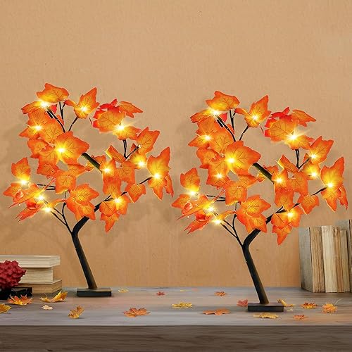 Miniatura 10 de KatchOn, Árboles de arce artificiales con luces, 24 pulgadas, paquete de 2 unidades, 48 LED, árboles de arce iluminados de otoño, árboles iluminados