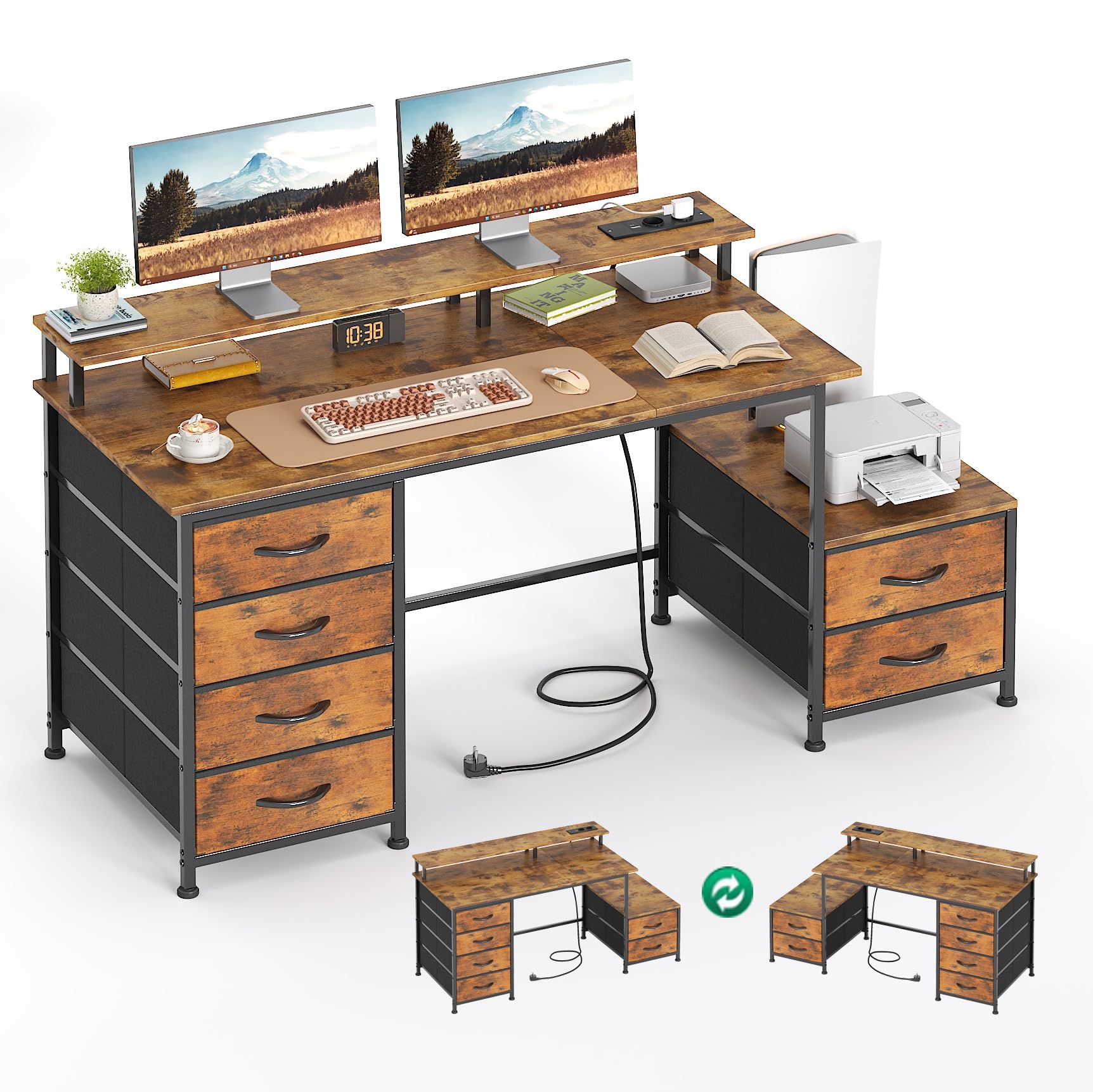 CAIYUN Bureau réversible avec 6 tiroirs et Support d'imprimante, 132 x 48 cm, Bureau d'ordinateur réversible avec Support d'écran et Prises, Bureau pour Le Bureau à Domicile, Marron Vintage