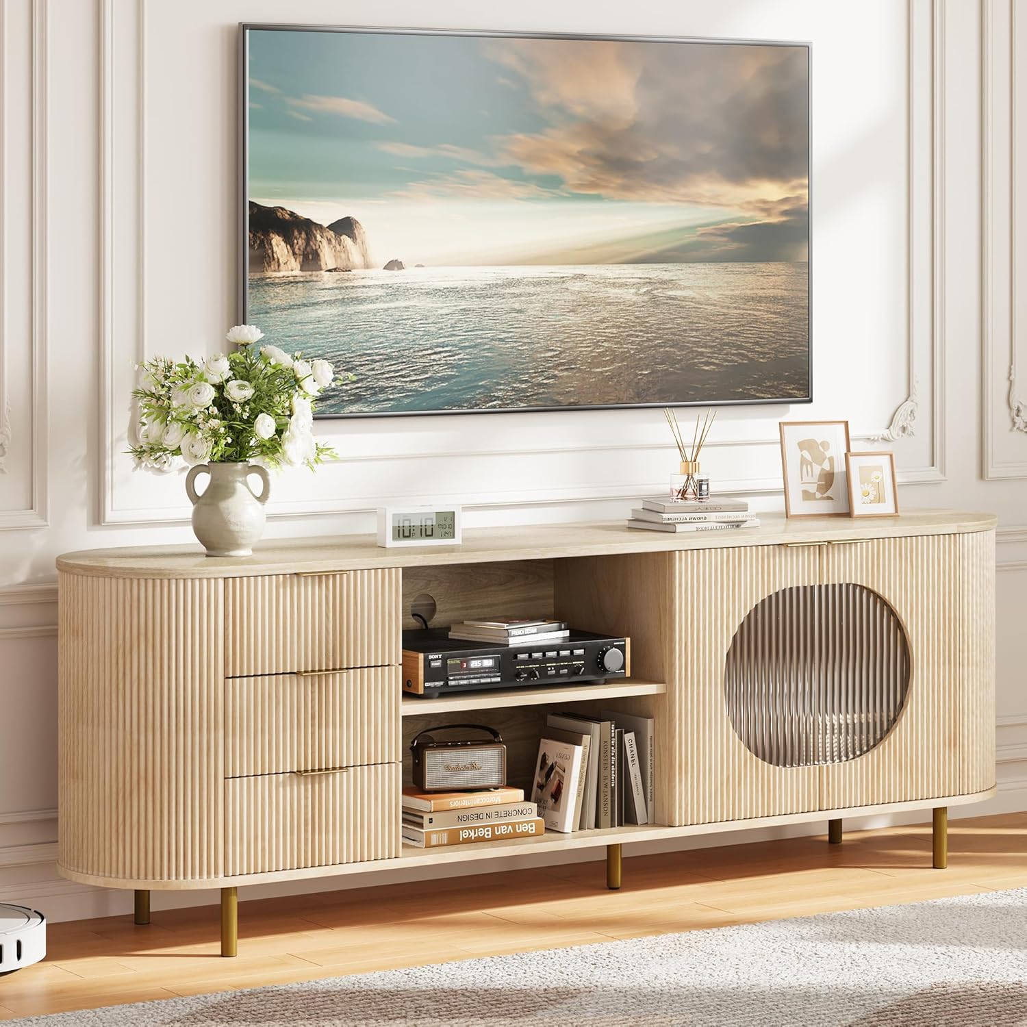 69-inch Curved TV Stand with Wavy Acrylic Doors & Large Storage, Modern Media Console for TVs Up to 80 inches, Wood Tv Entertainment Center for Bedroom, Living Room-1