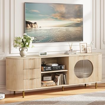 69-inch Curved TV Stand with Wavy Acrylic Doors & Large Storage, Modern Media Console for TVs Up to 80 inches, Wood Tv Entertainment Center for Bedroom, Living Room-1