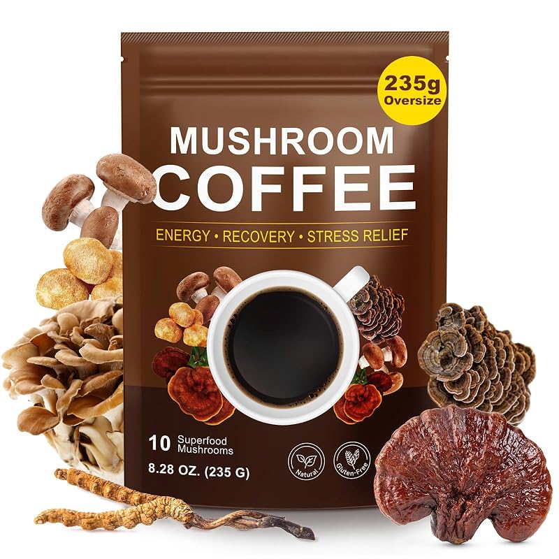 WLCTJIAYOU Café instantâneo em pó com blend de 10 cogumelos e 48 mg de cafeína por porção, 235 g