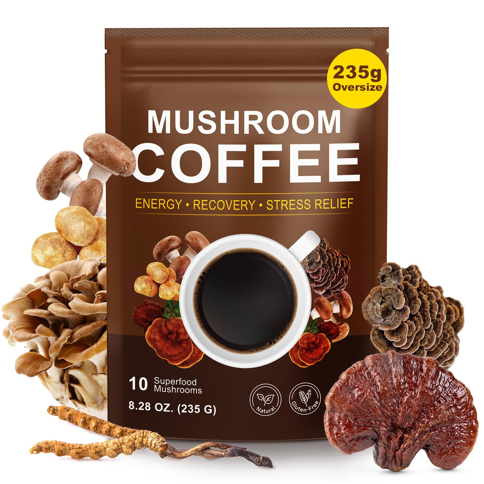 Mushroom Coffee (235g Supersize), 10 Superfood Mushrooms Blend for Energy, Recovery & Focus, Instant Coffee Powder with Lion’s Mane, Reishi, Chaga, Cordyceps, 8.28 OZ