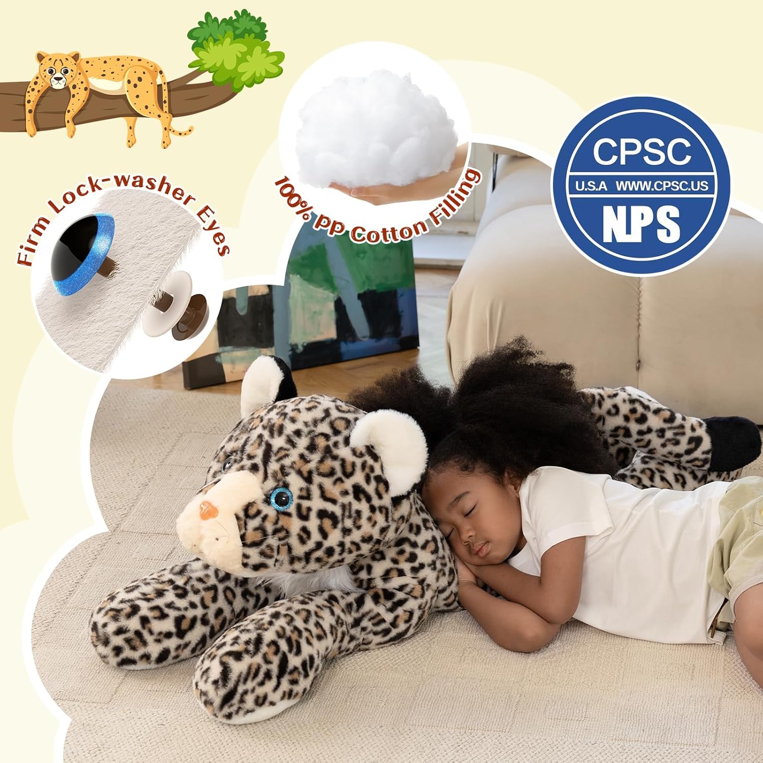 MorisMos Giant Cheetah Stuffed Animal Plush Pillow 4ft, 47" Extra Large Plush Cheetah Toy for Kids & Adults, Realistic Leopard for Christmas Birthday, Big Safari Stuffed Animal for Jungle Party Decor