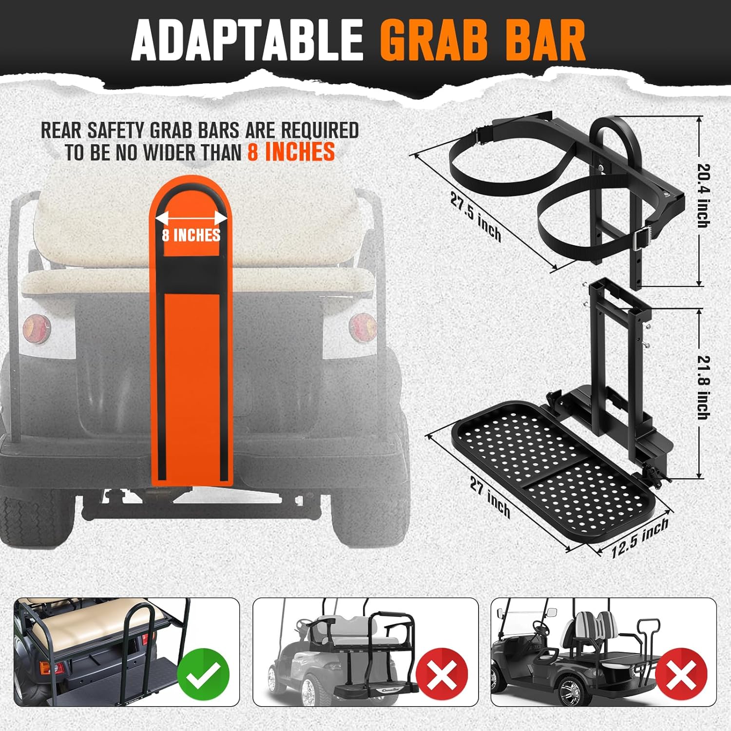 Foldable Golf Cart Bag Holder for Four Seat Golf Cart, Upgraded Golf Cart Rear Seat Bag Rack with Stainless Steel Buckle for EZGO Club Car Yamaha, Fits Safety Grab Bar Maximum 8'' Wide
