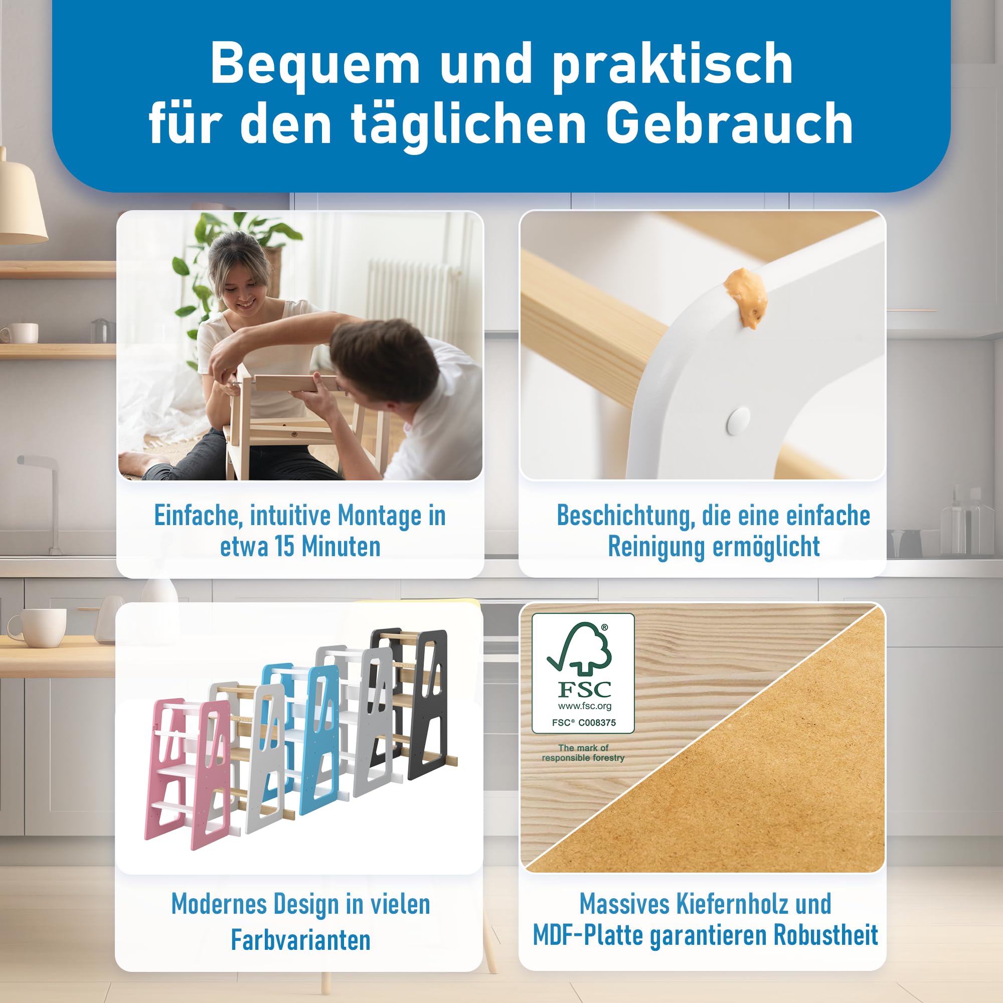 Lernturm ab 1 Jahr mit Anti-Kipp-Schutz – Höhenverstellbarer Montessori Learning Tower aus FSC-Massivholz – Bis zu 50kg belastbar – Für Kinder, für Küche, Tisch und Bad – MEBLE WRÓBEL®