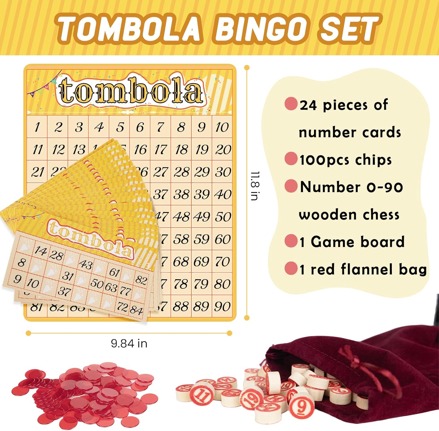 Extguds Tombola Bingo Game,Vintage Tombola Italian Game,Russian Lotto with number1-90 for Lottery, for up to 24 Players