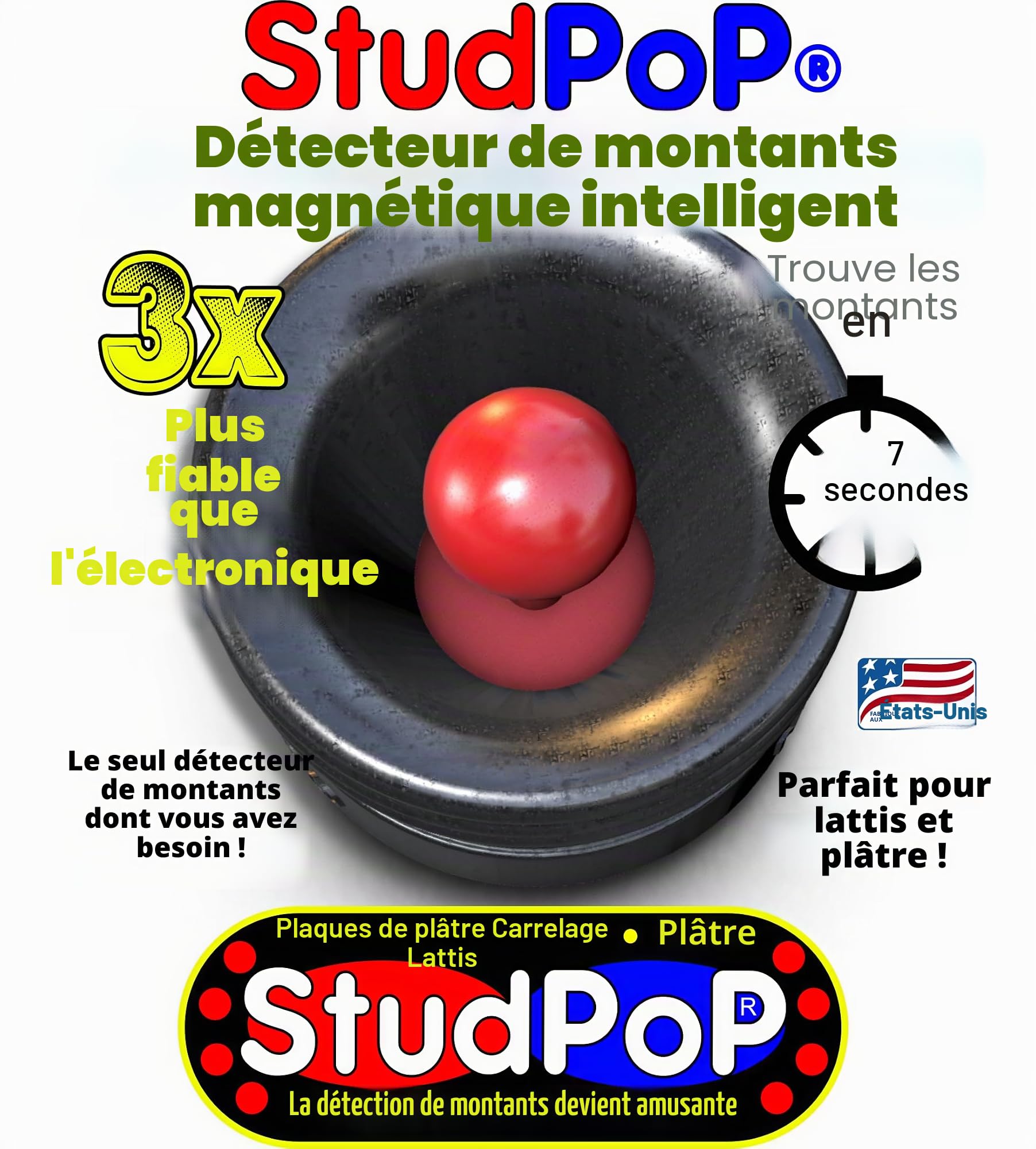 StudPoP® Détecteur magnétique intelligent « Original » - Pas de piles, pas d'étalonnage, 3x plus fiable, parfait pour lattes et plâtre, clous métalliques - Indicateur visuel