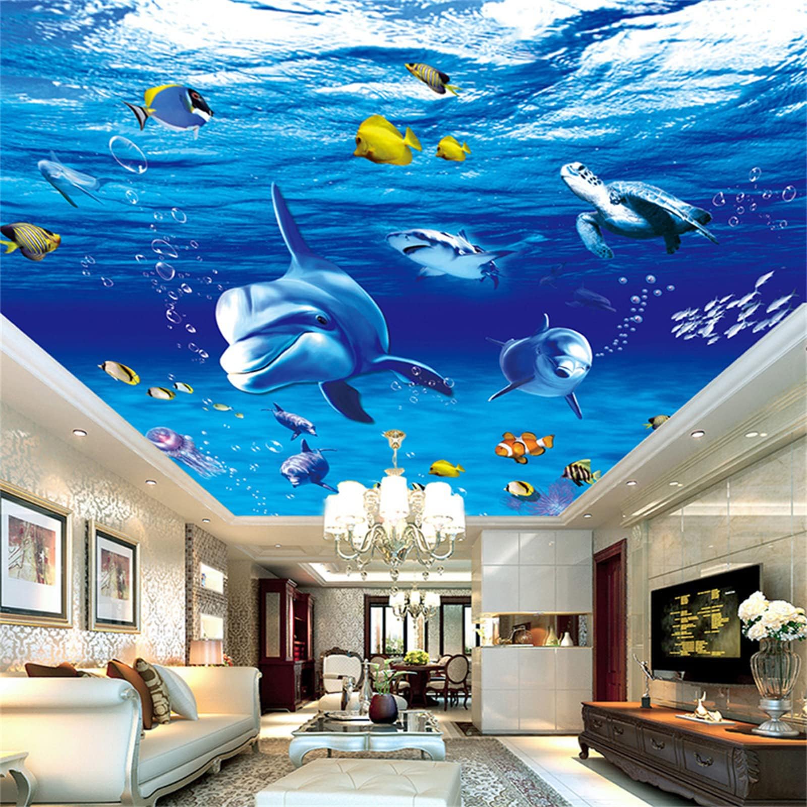 3D Cartoon Sea World Ceiling 3D Print Wall Mural, Removable Self-Adhesive Wallpaper Wall Decoration Mural for Boys Girls Kids Room Living Room Tv Sofa Backdrop Decor(122" Hx154 W)