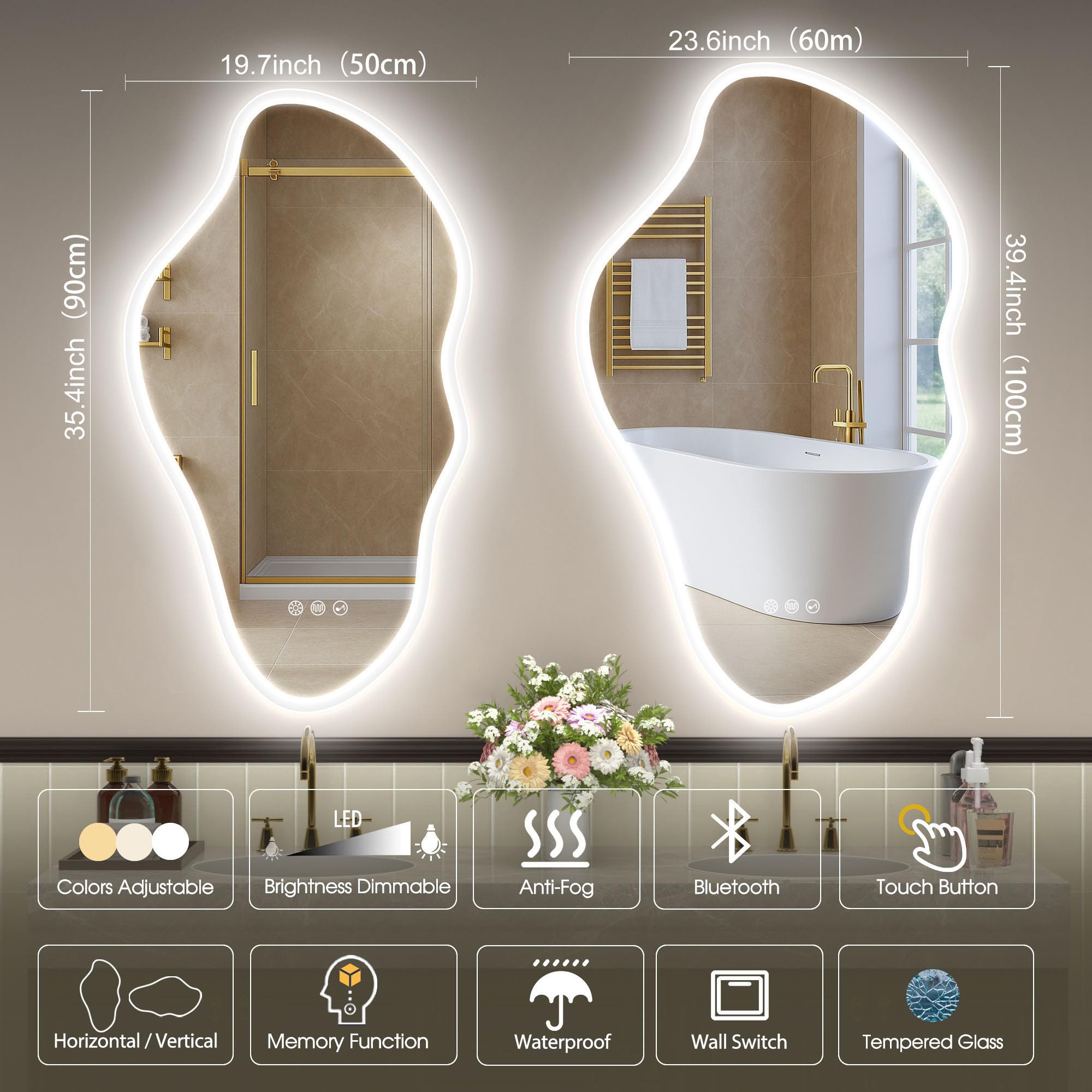 STARLEAD Asymétrique Miroir-Salle-de-Bain-avec-Eclairage 90x50cm, Irrégulier Miroir-LED avec Bluetooth, 3 Couleurs de Lumière Réglables, Anti-buée, Mémoire, IP44, Verre Trempé, Horizontal/Vertical