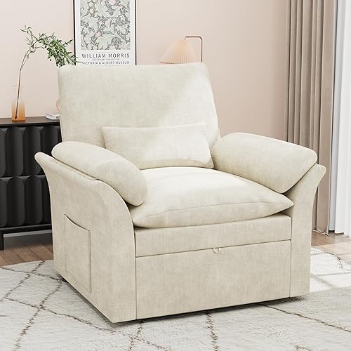 Squireewo 360° Swivel Accent Chair, 38" Oversized Livingroom Armchair with Hidden Storage Place, Adjustable Back & Arm Pillows, Creme White Fabric Sofa Swivel Chair with Cozy Soft Padded, Beige