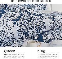 Vista 6 de PERHOM Funda de edredón azul Queen – Funda de edredón de damasco de cachemira tamaño Queen, juego de funda de edredón de 3 piezas, 100% algodón