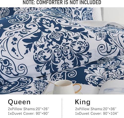 Miniatura 6 de PERHOM Funda de edredón azul Queen  Funda de edredón de damasco de cachemira tamaño Queen, juego de funda de edredón 100% algodón, 3 piezas ultra