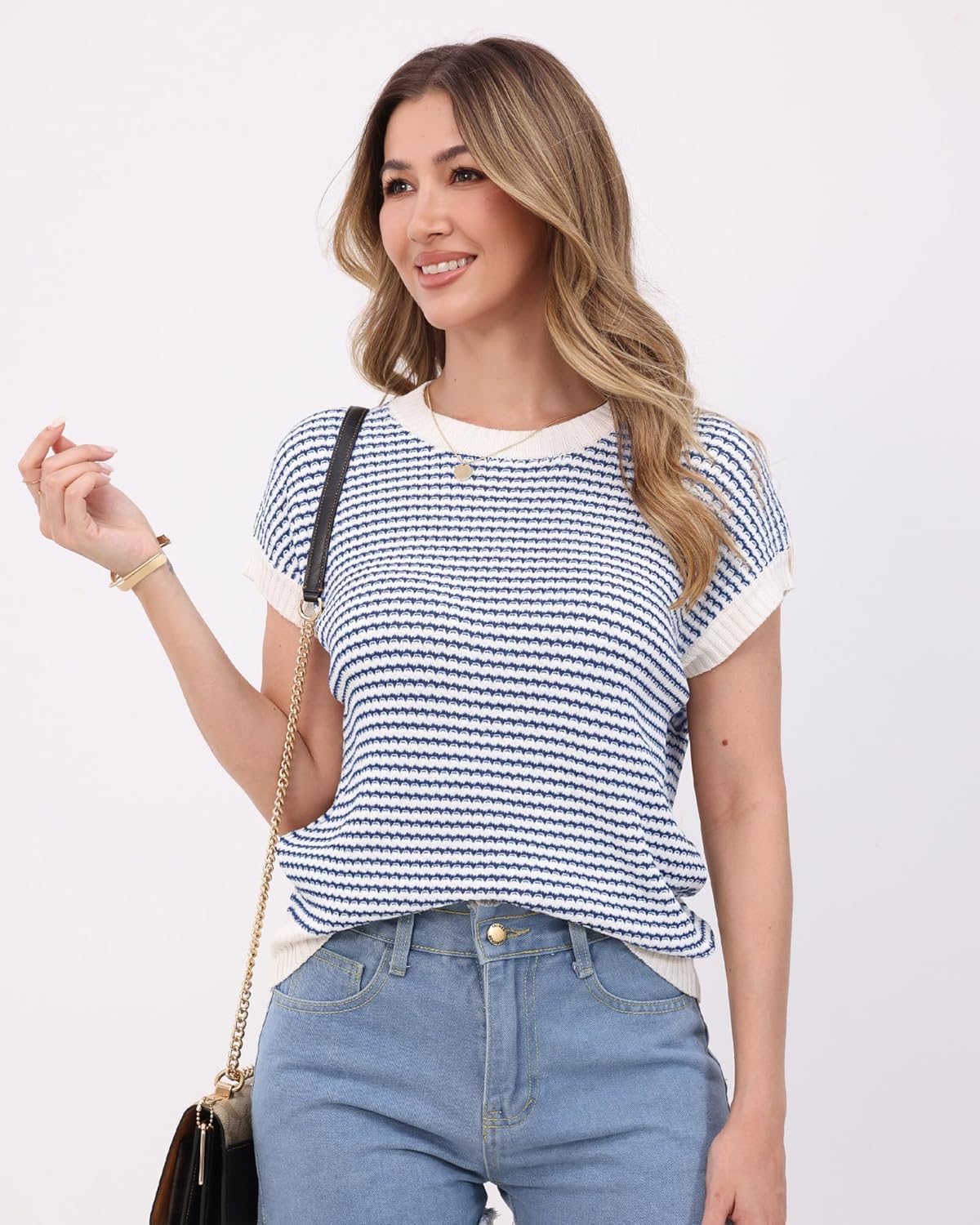 Womens Lightweight Sweaters Pullover Vest Striped Cap Sleeve Tank Tops Crew Neck Soft Knit Spring Summer Casual Outfits - Image 3