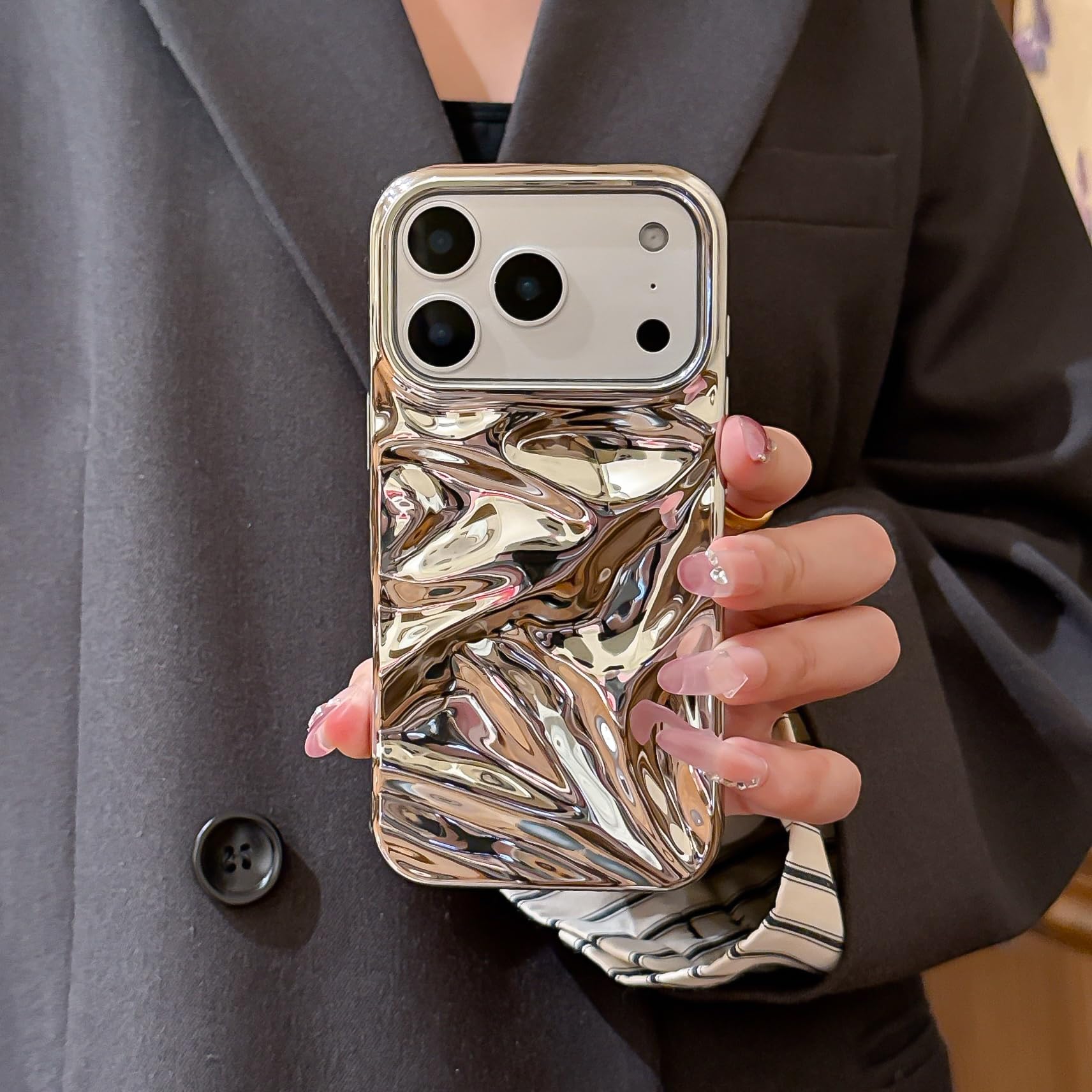 Case for iPhone 17 Pro Max Glossy Water Ripple Phone Case, TPU Solid Colour Soft Shell Trendy Phone Case Slim Fit Women Protective Case for iPhone 17 Pro Max (6.9 inch),Silver