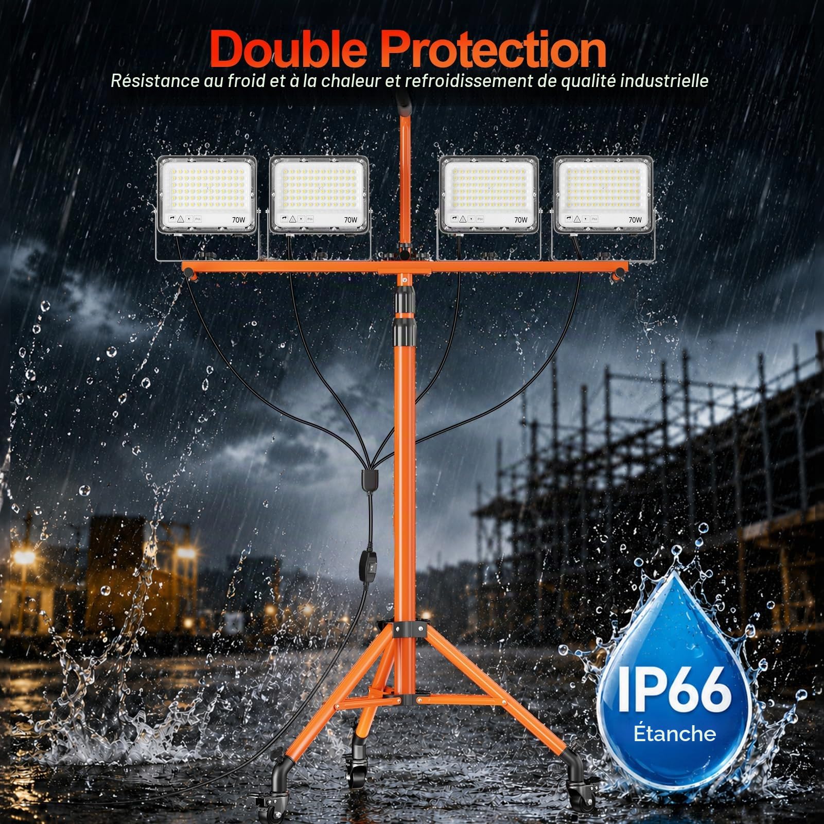 EMART Projecteur Chantier LED sur Trépied 280W 28000LM Lampes avec Roulette | Réglable, Lampes de Travail avec Câble de 5M, Étanche IP66 Lampe Chantier Projecteur sur Pied pour Ateliers et Chantiers
