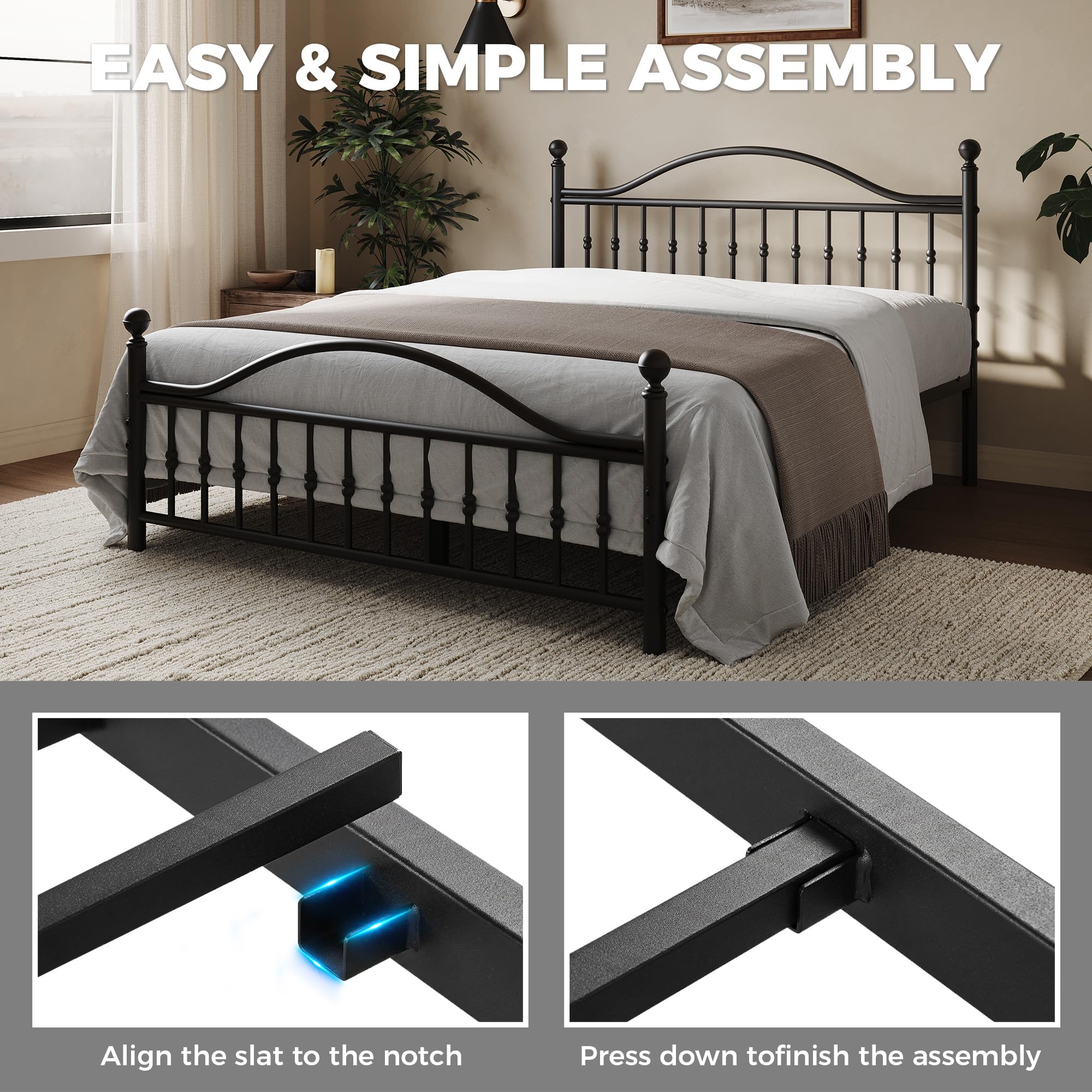 Classic Metal Bed Frame, Queen Bed Frame with Victorian Vintage headboard, Footboard and Under Bed Storage,Easy Assembly, No Box Spring Needed, 12.6 Inch, Black - 5
