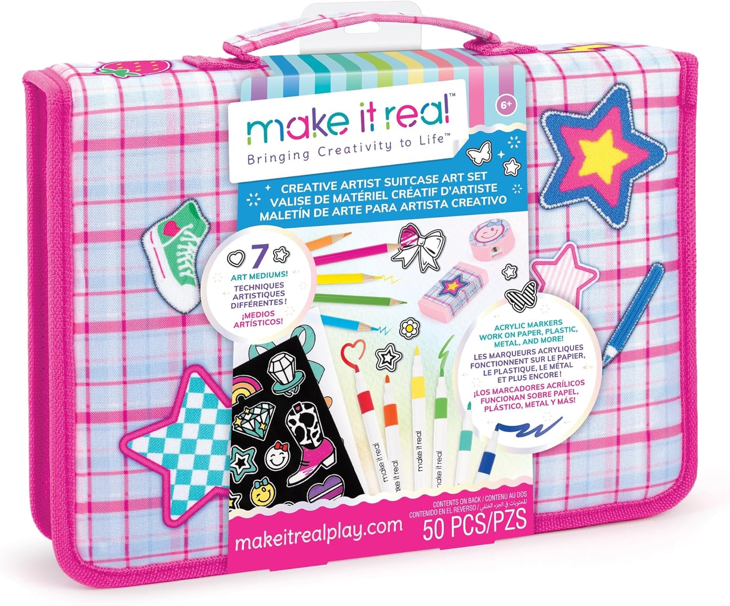 Make It Real: Creative Artist Suitcase Art Set - 50pc Zipper Binder Case, Gel Pens-Color Pencils-Acrylic Markers-Stickers, Crafts Tweens-Girls-Kids 6+
