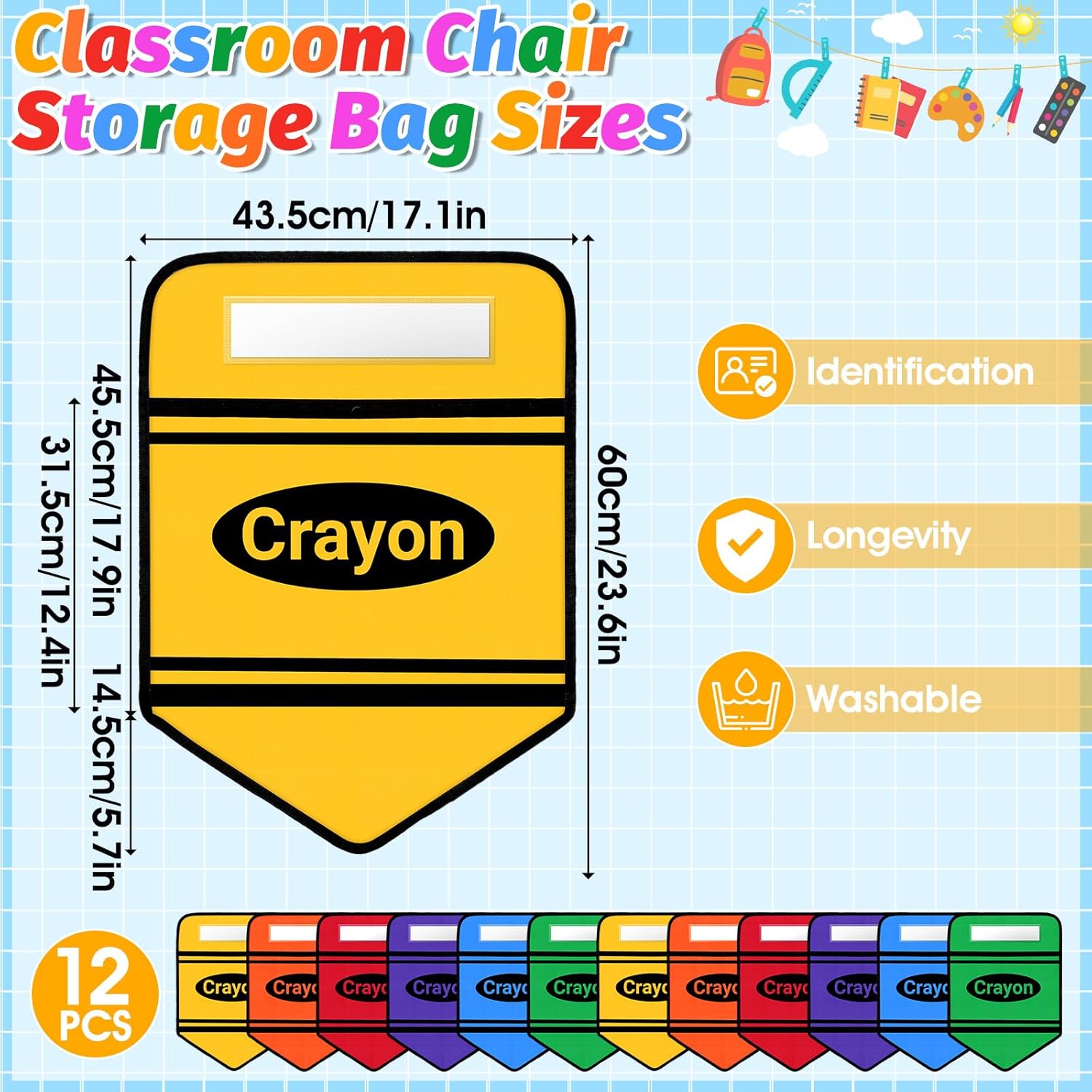 12 Pack Chair Pockets for Classrooms Crayon Chair Back Buddy Pocket for Classroom Seat Storage Pocket with 12 PCS Name Tags Chairs Organizer for School Home Supplies, 17 X 18 Inch