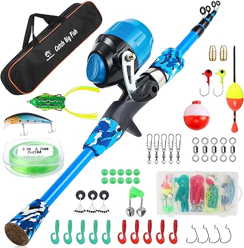 Miniatura 9 de Juego de caña de pescar para niños, caña de pescar telescópica portátil y carrete combo completo para niños, niñas, principiantes, jóvenes Azul,Azul