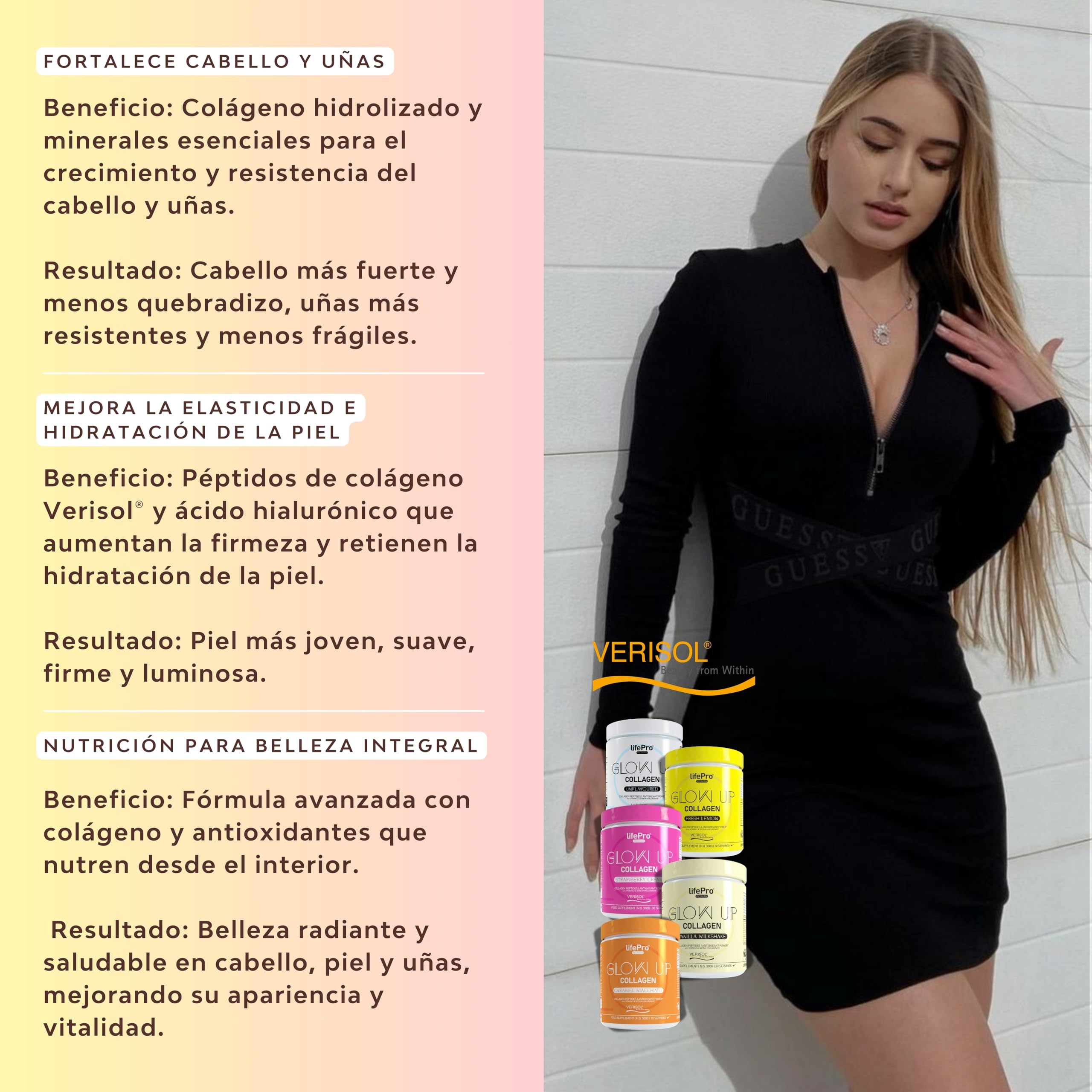 Life Pro Vitaminas para el Cabello Glow Up Beauty, Colageno Hidrolizado Puro, Anticaida Mujer, Crecimiento con Colageno Acido Hialuronico, Evita Caída del Cabello, Tratamiento Piel y Uñas con Verisol