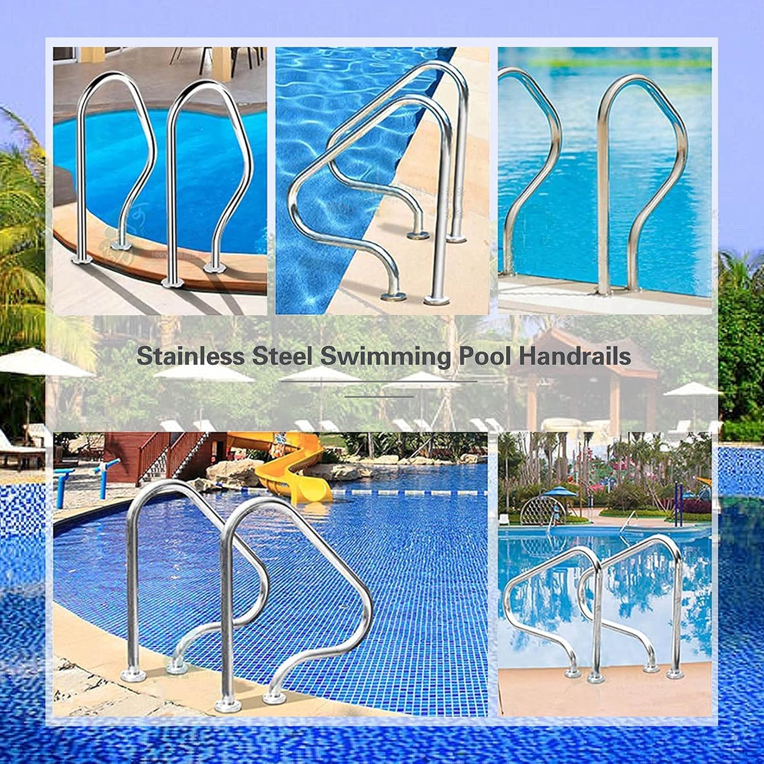 Pool Handrails Stainless Steel Pool Hand Rail, 3-Bend Swimming Pool Safety Handrails for Inground Pool Entry, Easy Mount Hand Grab Rail with Base
