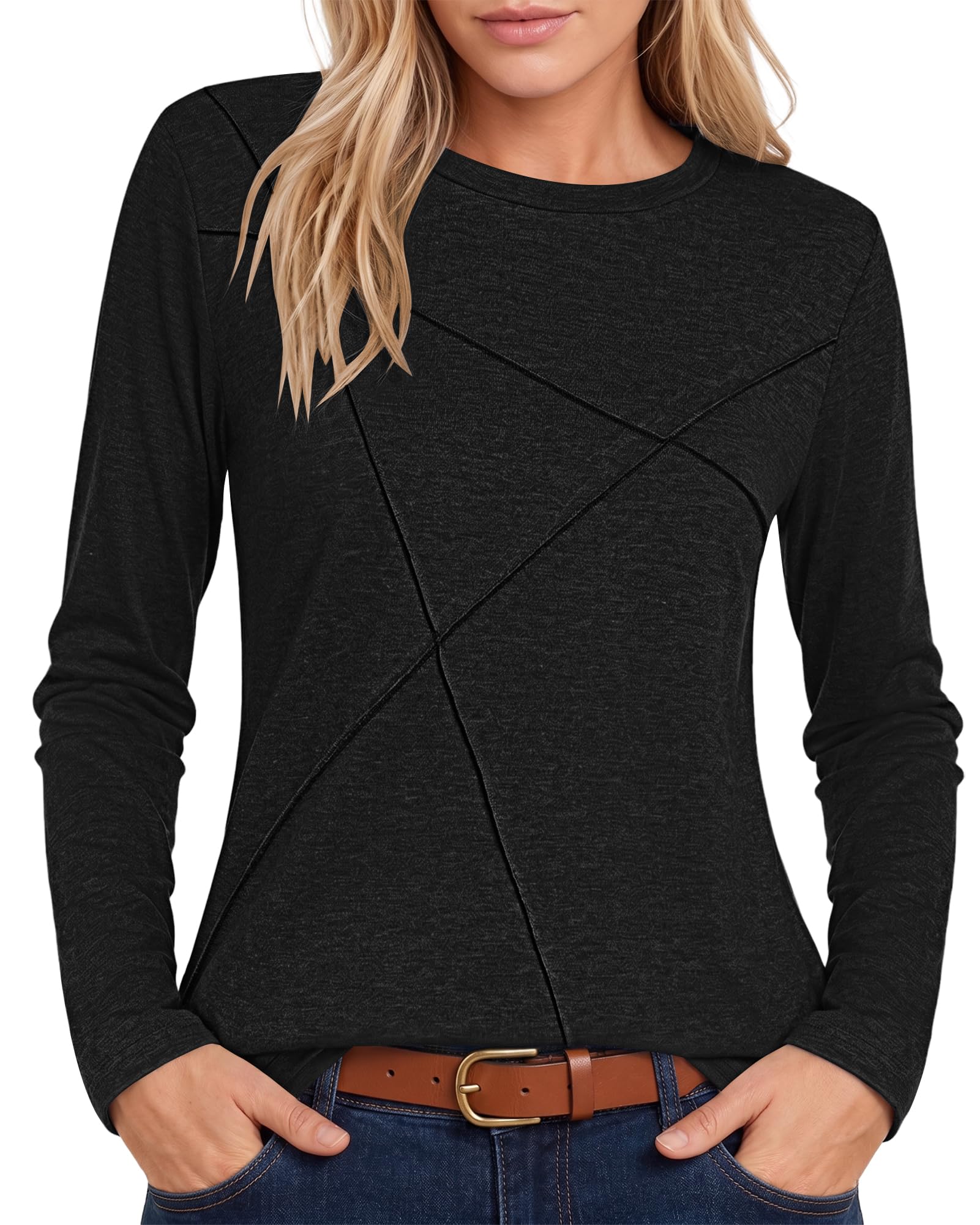 PLOKNRD Damen Langarm T-Shirt Rundhals Falten Leicht Dünne Blusen Herbst | Langarmshirt Elegant Falten Design Oberteile Winter Dünn Sweatshirt Pullover Tops Freizeit Sport Boho Klassisch Urlaub Party