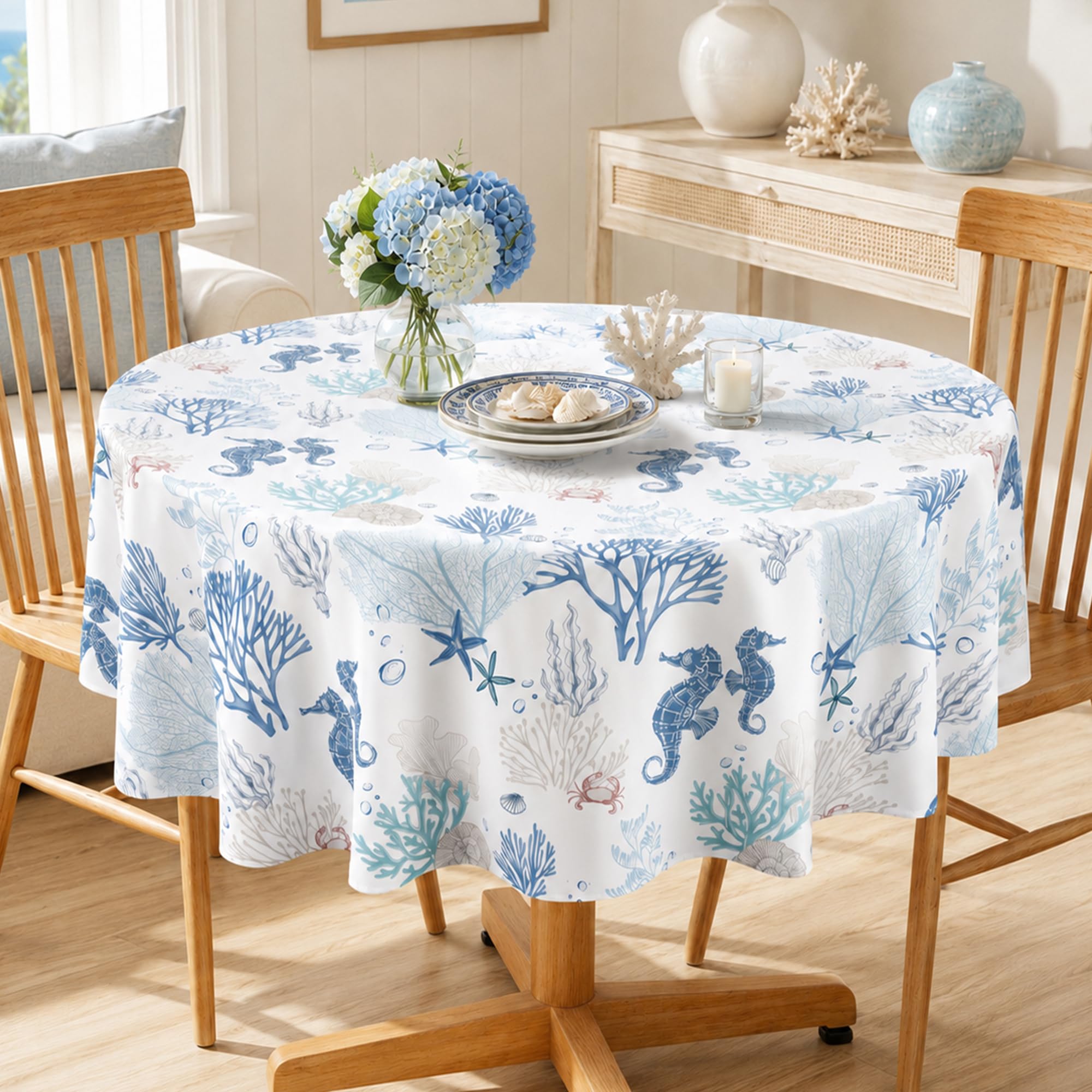 Arquiel Nautical Coastal Polyester Table Cloth Washable Summer Sea Coral Tablecloth, 180 x 180 cm, Decorative Table Cover for Family Dinners, Everyday Use and Parties, Patio Dining — image 1
