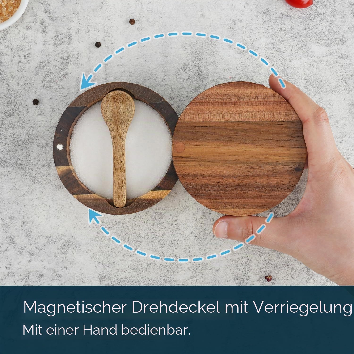 KITCHENDAO Acacia Holz Salzdose mit Integriertem Löffel, Salzbehälter mit magnetischem Deckel, Schwenkdeckel Für Küche, Aufbewahrung von Salz Meersalz Gewürzen Pfeffer Kraut, 6oz