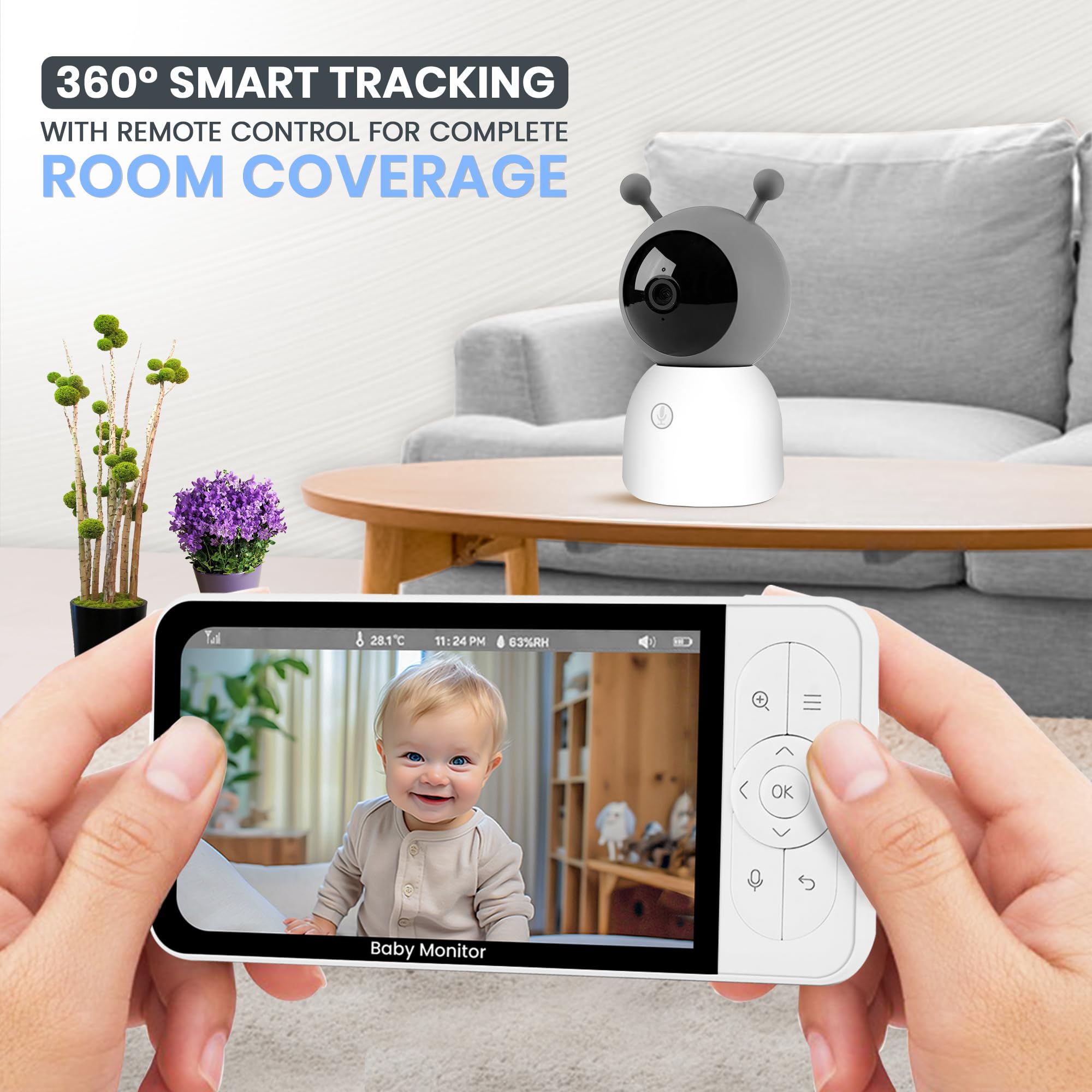 RFAQK Baby Monitor con WiFi - Videocamera 2K con schermo HD da 5 pollici, visione notturna, modalità VOX 24 ore, sensore di temperatura pianto e rilevamento movimento, monitoraggio automatico PTZ