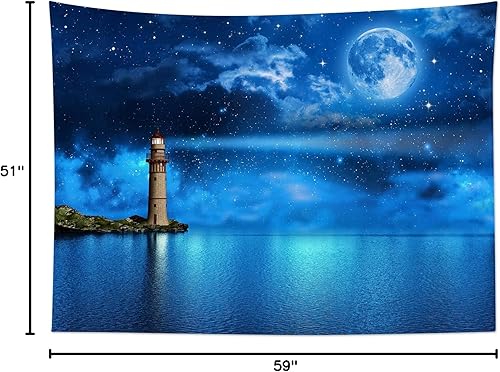 Miniatura 9 de HVEST Tapiz de luna y cielo nocturno para colgar en la pared, luna llena y noche estrellada de galaxia con faro sobre el océano, tapiz colgante de