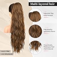 Vista 15 de FLUFYMOOZ Extensión de cola de caballo, 22 pulgadas, extensiones de cabello sintético ondulado largo y rizado para mujer