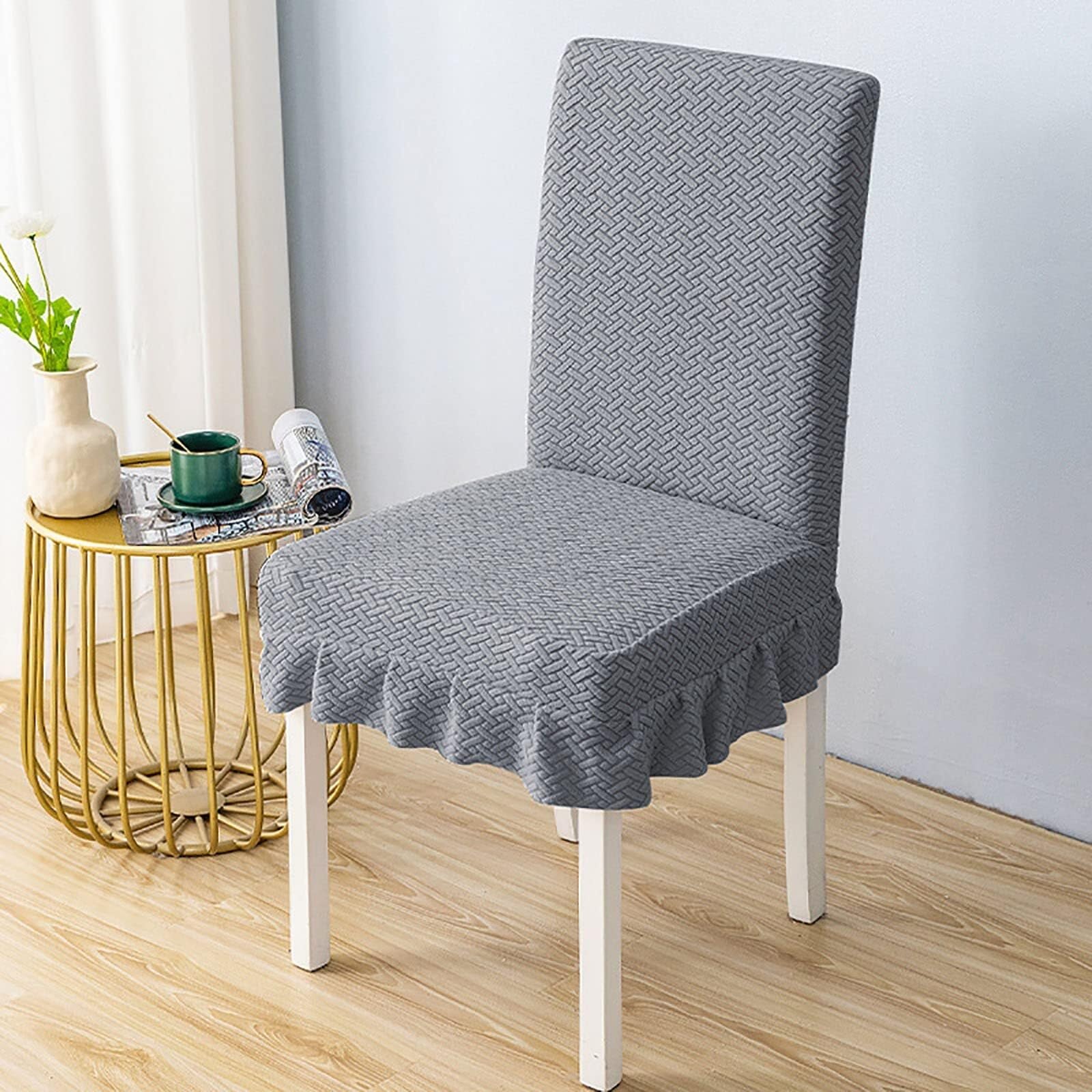NMVAWIPT Kitchen Chair Cover, Soft Thick Chairs Slipcover Stretch Seat Protector With Skirt, For Hotel Ceremony Banquet Wedding(Grey,4pcs)