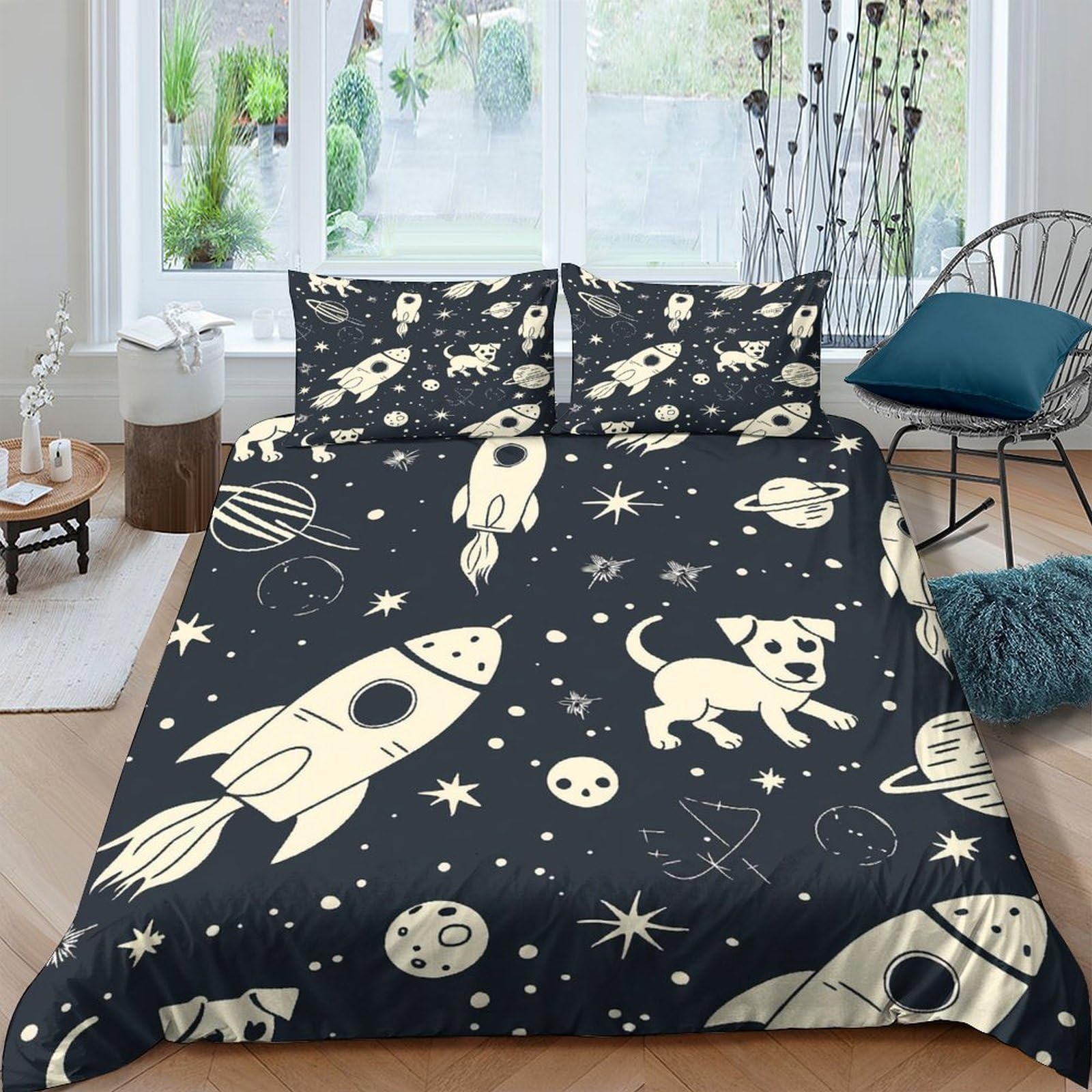 Ctjqhvkz Style-2 3D Printed Space Rocket Fitted Sheet Microfiber Soft Black Cat Moon Mattress Cover Bedroom Dorm Decor Single（135X200cm）