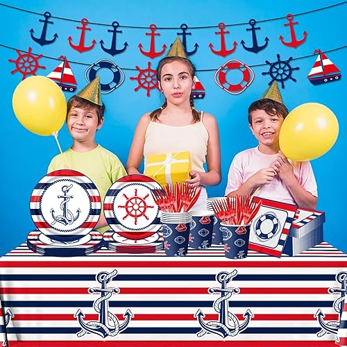 Miniatura 5 de Anker - Decoración de fiesta náutica, vajilla azul y roja, platos náuticos para fiesta náutica, decoración de baby shower, suministros de fiesta de