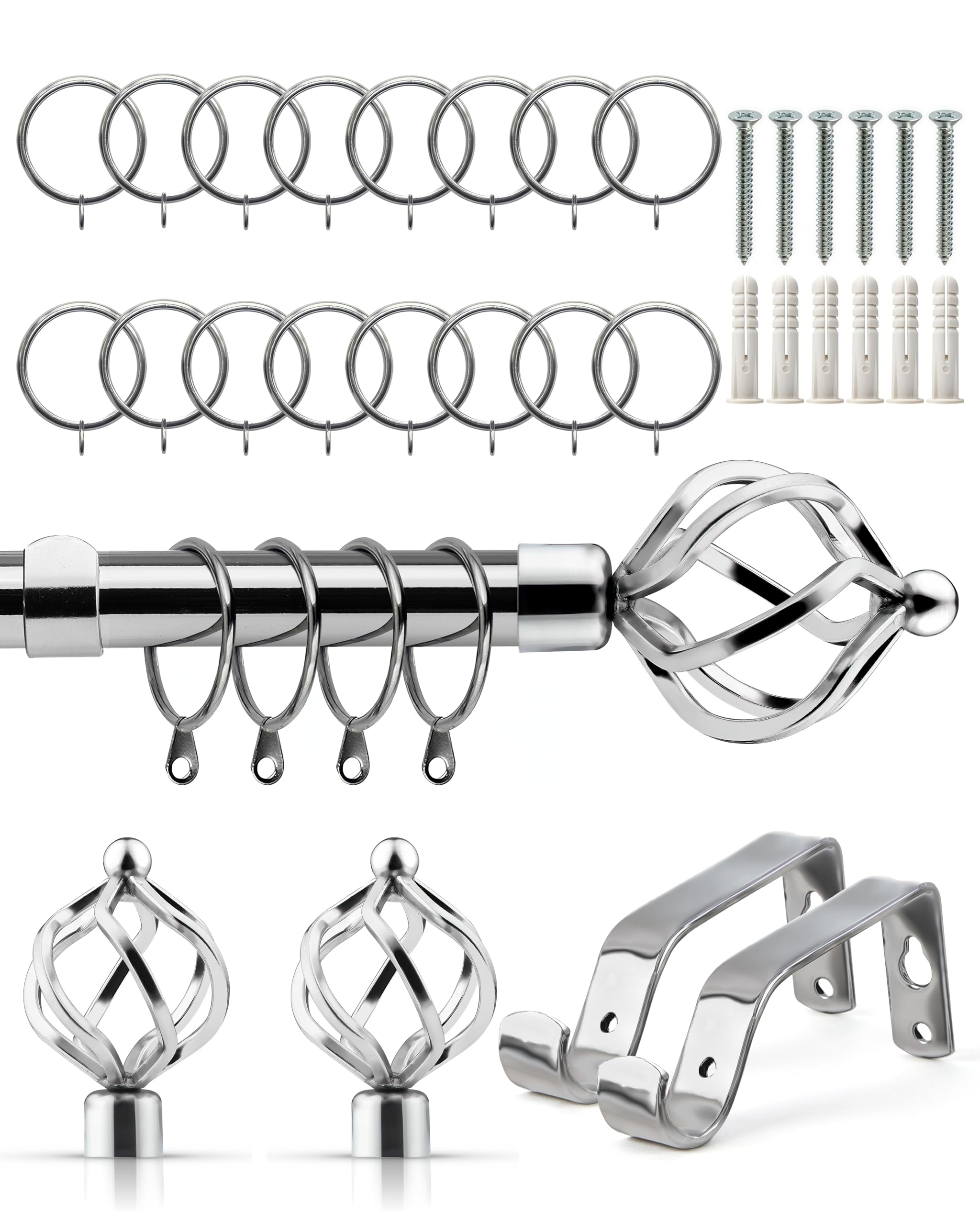 Emma Barclay Chrome - Bird Cage Extendable Curtain Pole With Finials Rings Brackets & Fittings Sets 16-19Mm In Chrome Metal Curtain Poles For Eyelet Curtains Rod - Bird Cage Collection 1.2M - 2.1M Chrome
