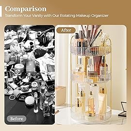 Aveniee 360 Rotating Makeup Organizer for Vanity, Perfume Skincare Bathroom Countertop Organizers, 3 Tier Spinning Skincare Storage with Brush Holder for Lipstick Cosmetic Lotion,White