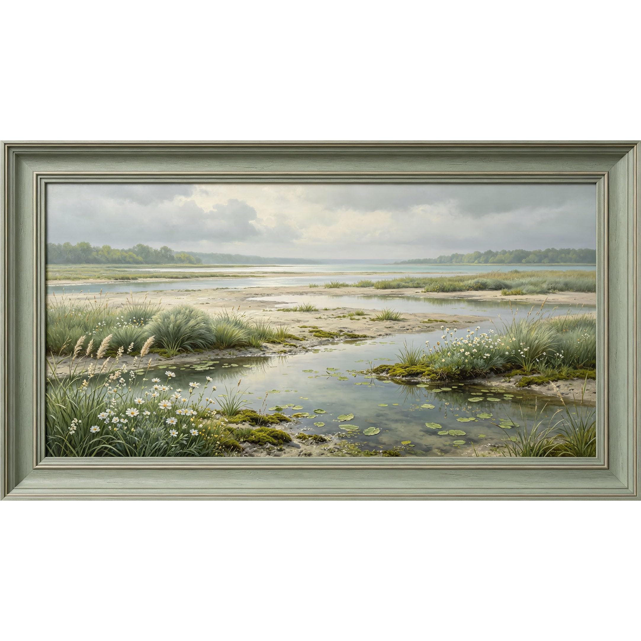 QZLITHOTIC 50×100cm 3D Framed Wall Art， Coastal Marsh Landscape Self?Adhesive Mural， Water?Activated Peel & Stick Fabric Decor Wall Decal for Bedroom Living Room