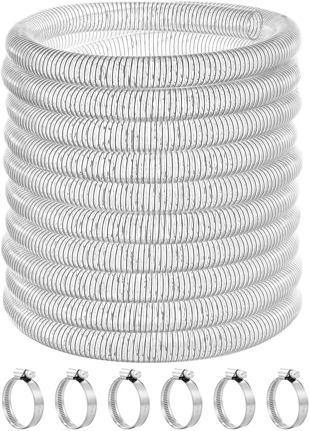 PVC Spiral Steel Wire Reinforced Tubing 1-1/2"ID 50ft High Pressure Flexible Vinyl Hose Heavy Duty Clear Suction Tube Vacuum Dust Collection Pipe Boat Marine Pump Drain Water F.uel Gas Powder 6 Clamps