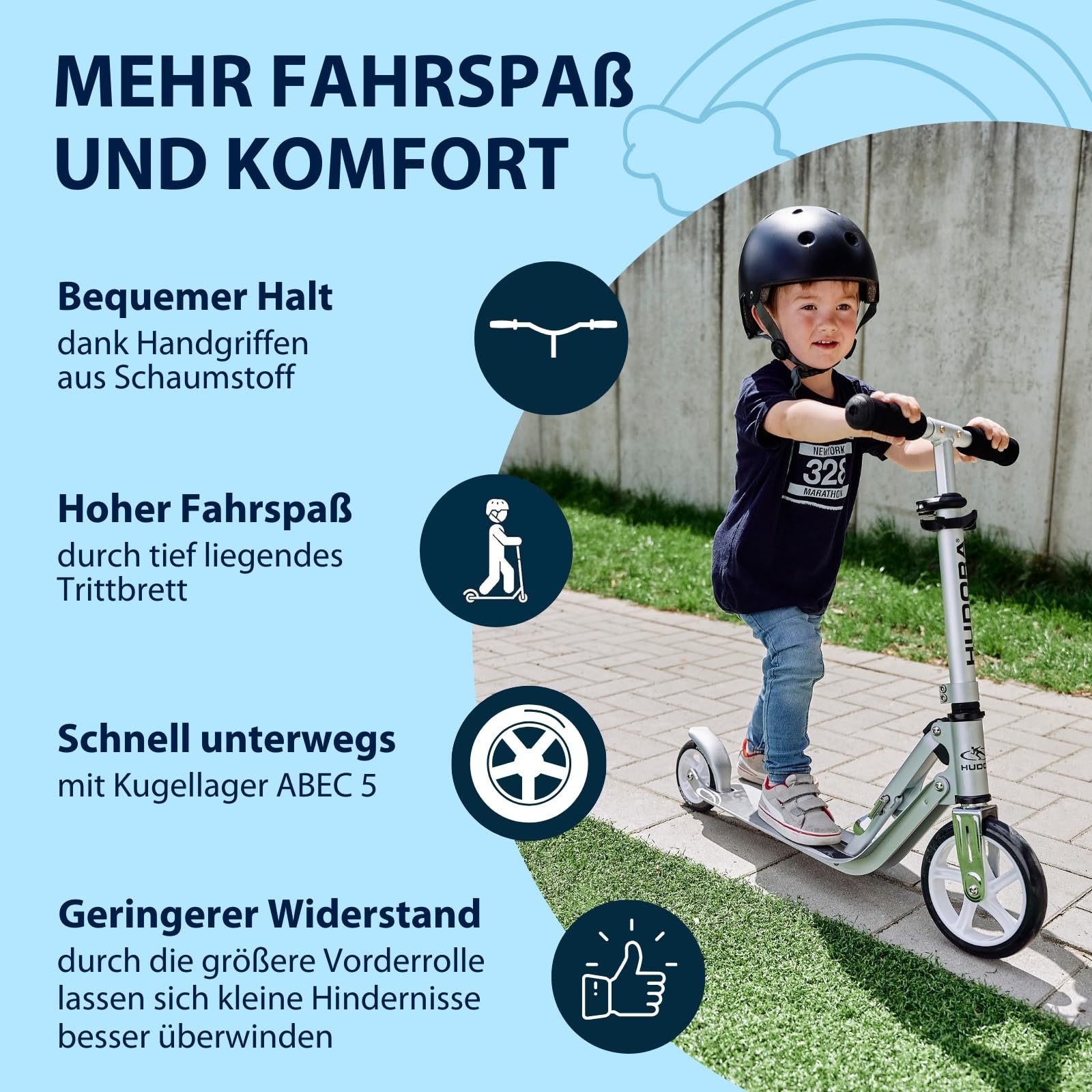 HUDORA Little BigWheel Scooter - Sicherer Aluminium-Roller für Kinder ab 3 Jahren - Höhenverstellbarer & zusammenklappbarer Cityroller für bis zu 100kg - Stabiler Tretroller mit großen Reifen